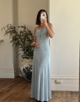 Vintage 70s Lurex Ice Blue Halter Maxi Dress