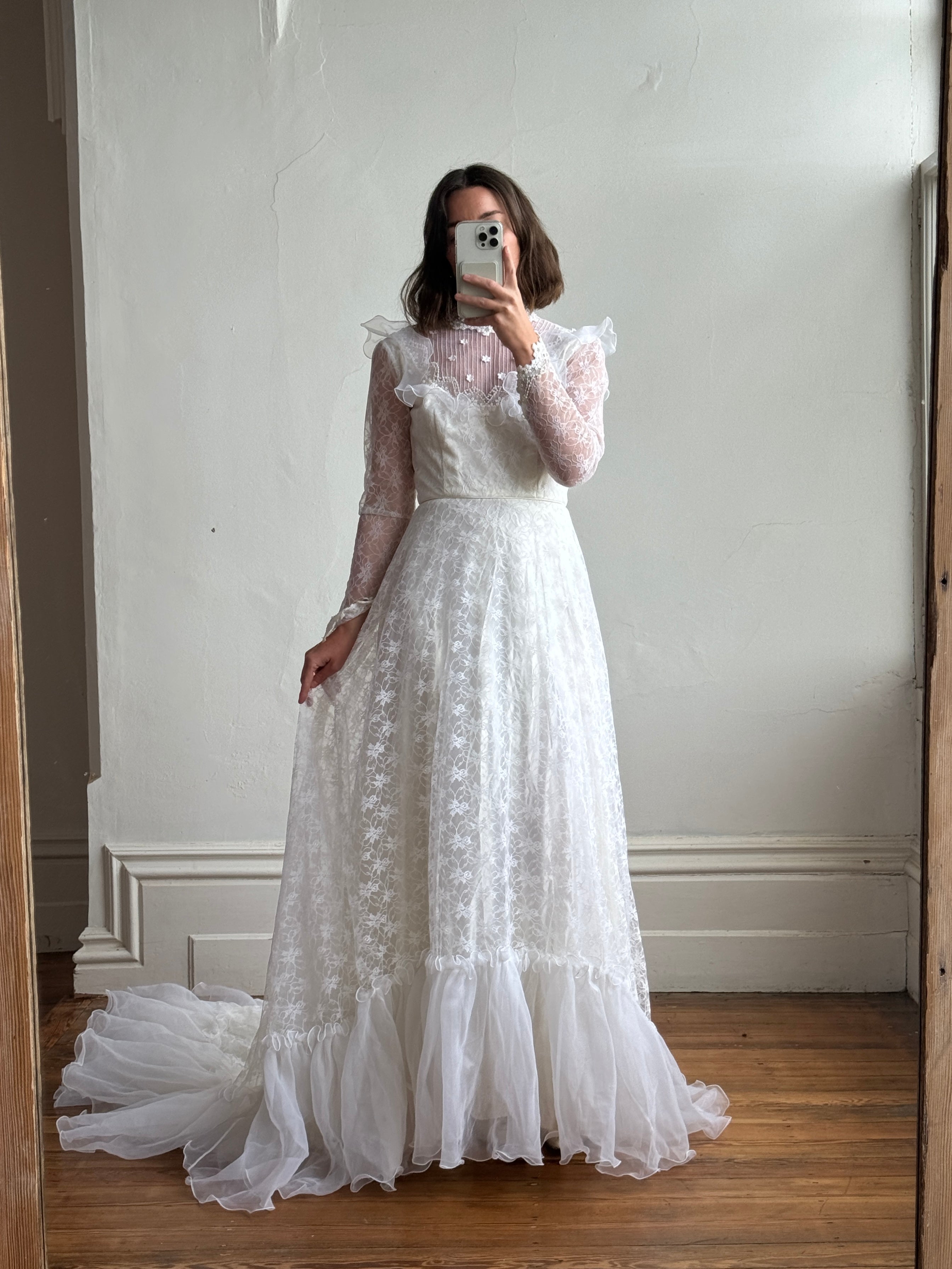 Vintage 70s Embroidered Lace Wedding Gown With Train