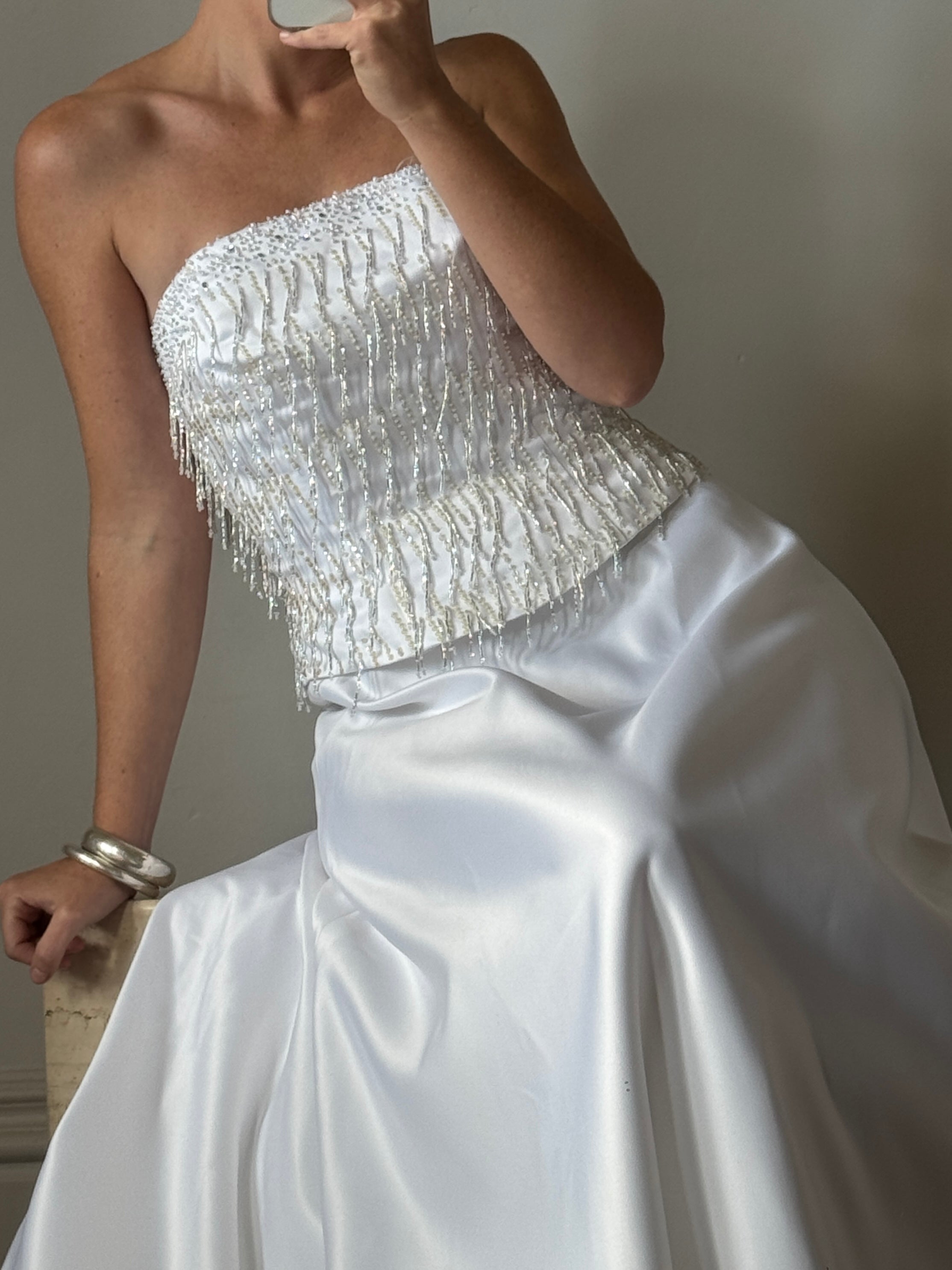 Vintage 90s Beaded Tassel Strapless Satin Wedding Gown