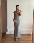 Vintage 90s Badgley Mischka Silver Pure Silk Embellished Gown