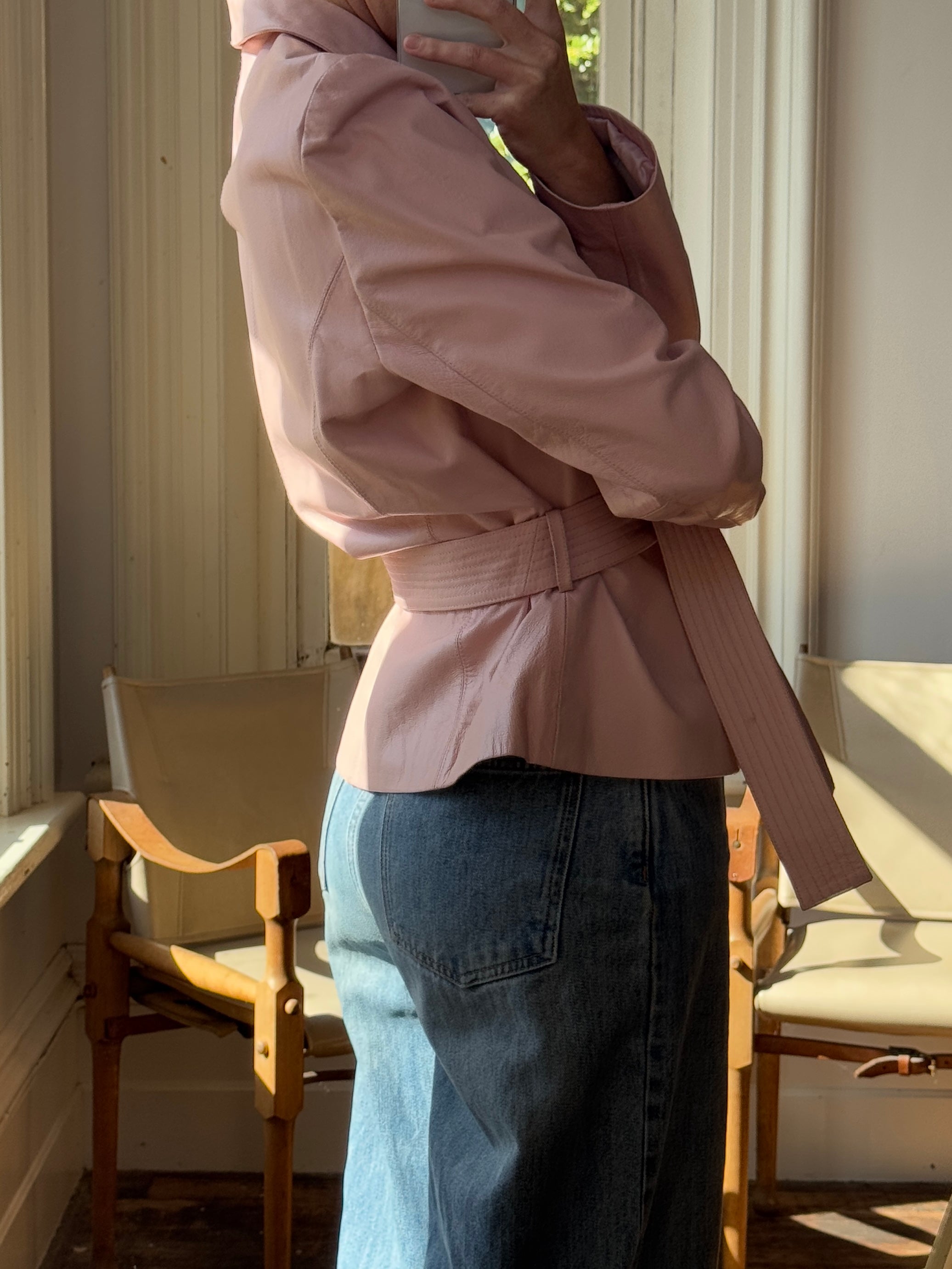 Vintage 90s Mini Trench Leather Jacket Baby Pink