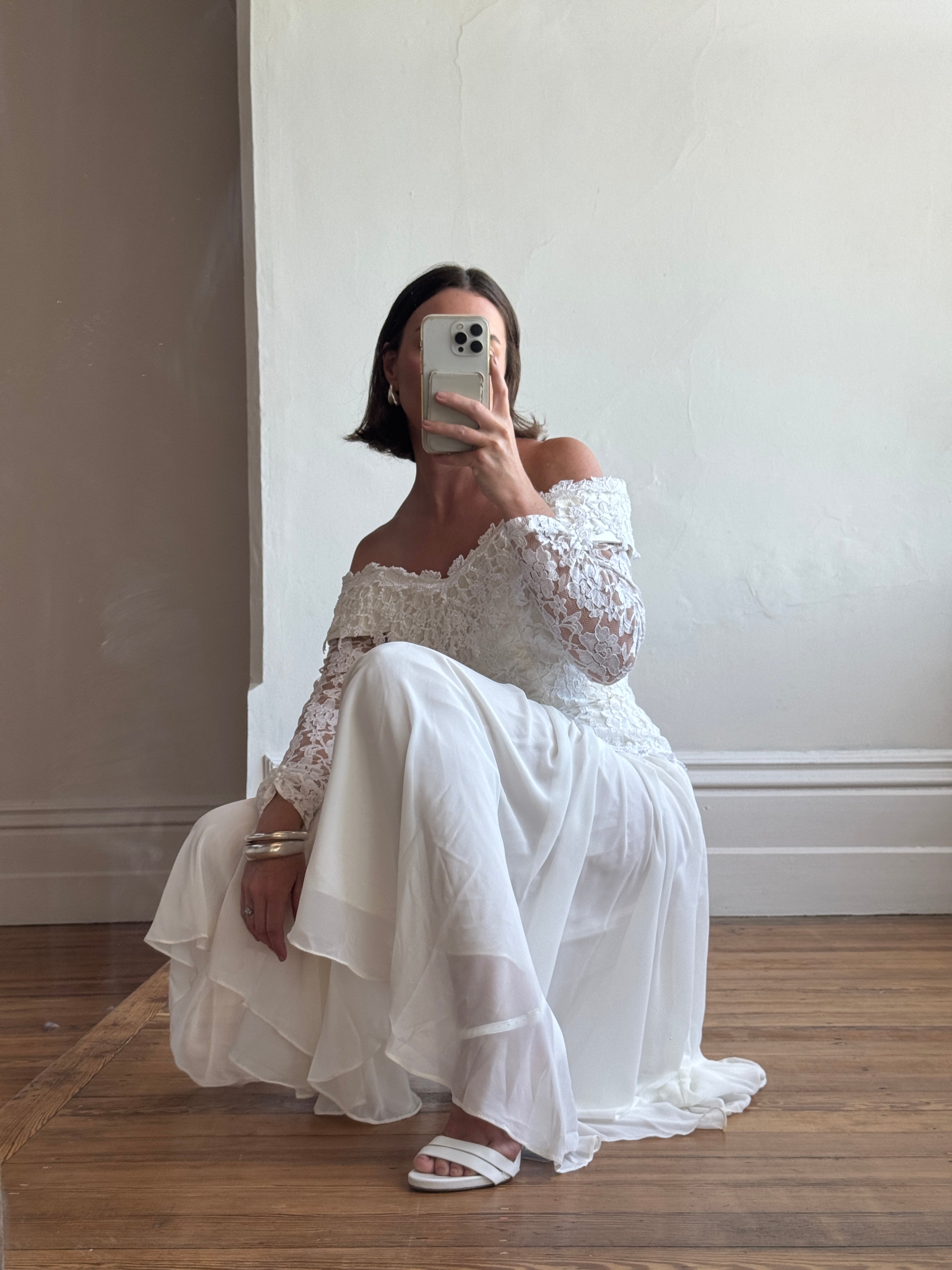 Vintage 90s Lace Off The Shoulder Chiffon Wedding Dress
