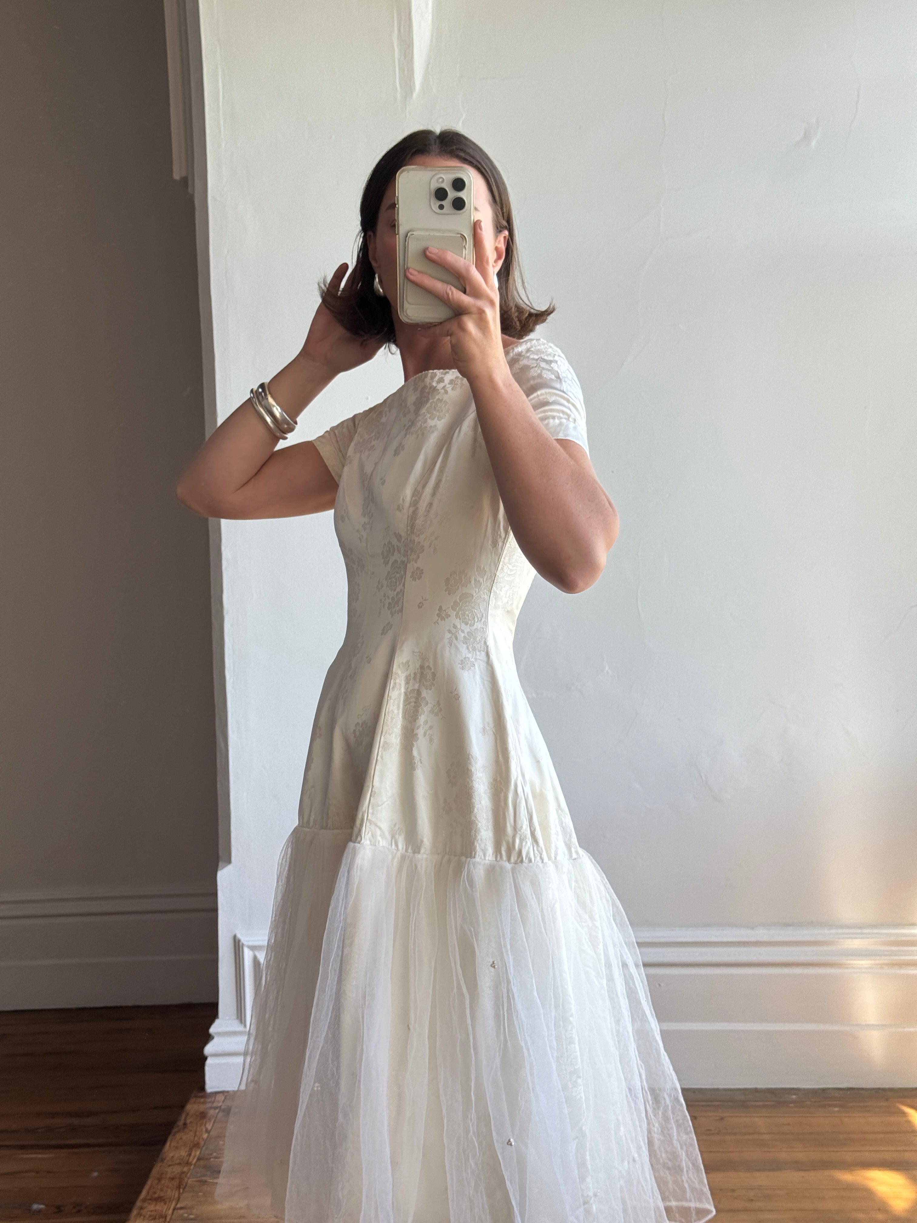 Vintage 50s Tea Length Jacquard Satin and Tulle Wedding Dress