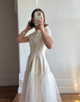 Vintage 50s Tea Length Jacquard Satin and Tulle Wedding Dress