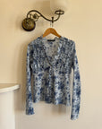 Vintage 90s Ruffle Stretch Button Up Blue Tapestry Floral