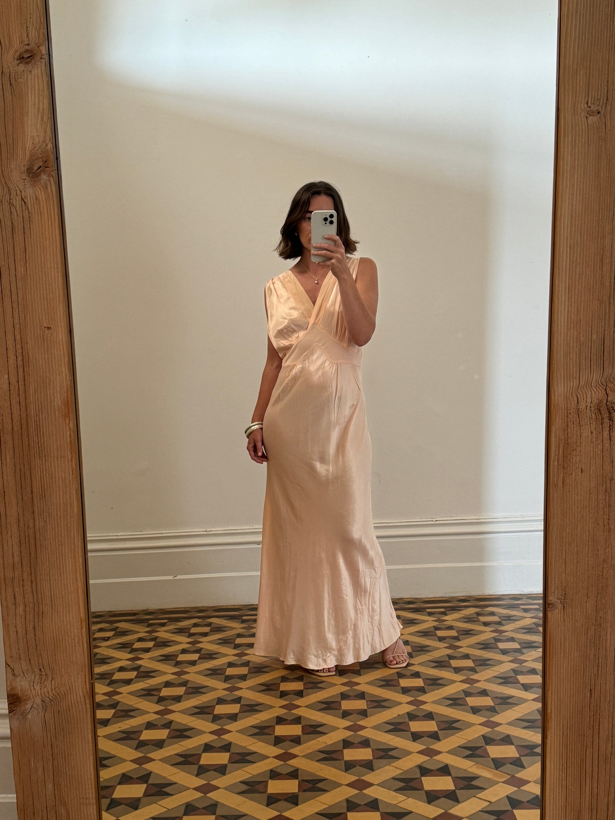 Vintage Liquid Satin V Neck Slip Dress Peach