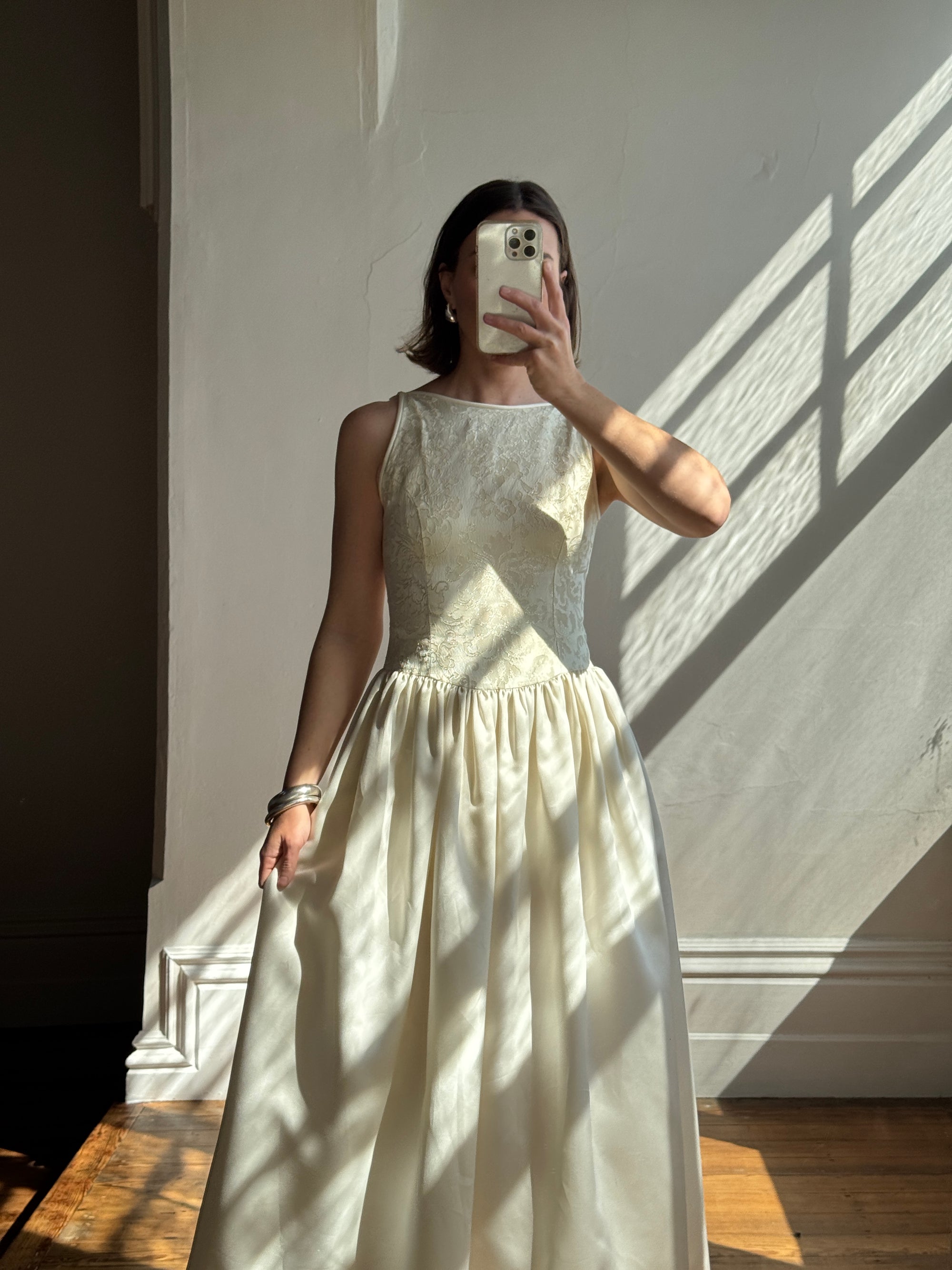 Vintage 90s Brocade High Front Satin Wedding Gown Champagne