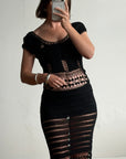 Vintage 70s Crochet Knit Cap Sleeve Midi Dress