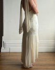 Vintage 90s Pure Silk Embellished Midi Dress With Scarf Creme