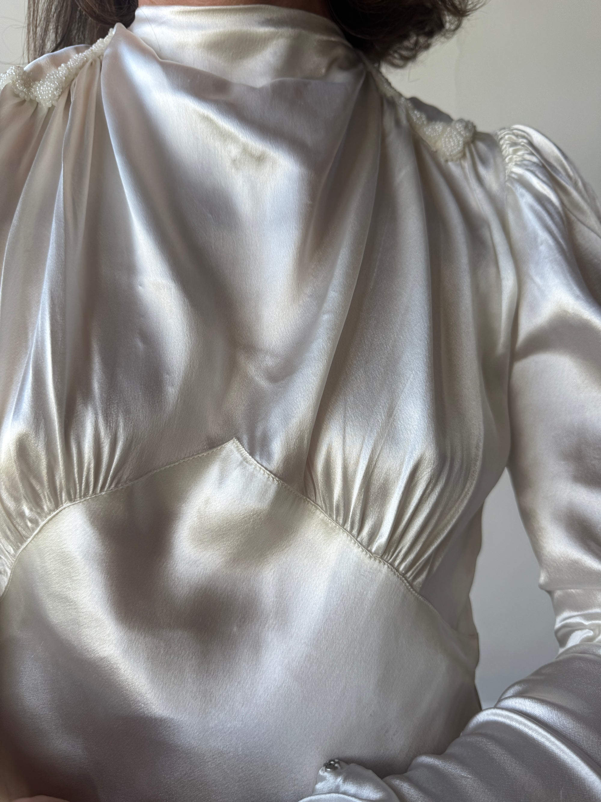 Vintage 40s Liquid Satin Beaded Wedding Gown with Chapel Train