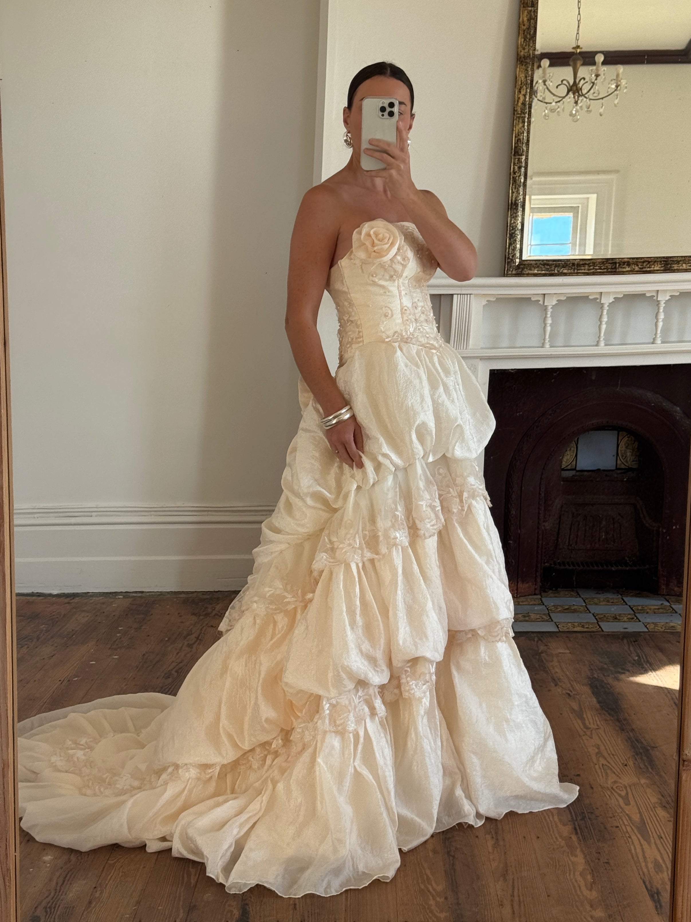 Vintage 90s Strapless Rosette Bubble Wedding Gown Peachy Creme