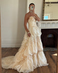 Vintage 90s Strapless Rosette Bubble Wedding Gown Peachy Creme