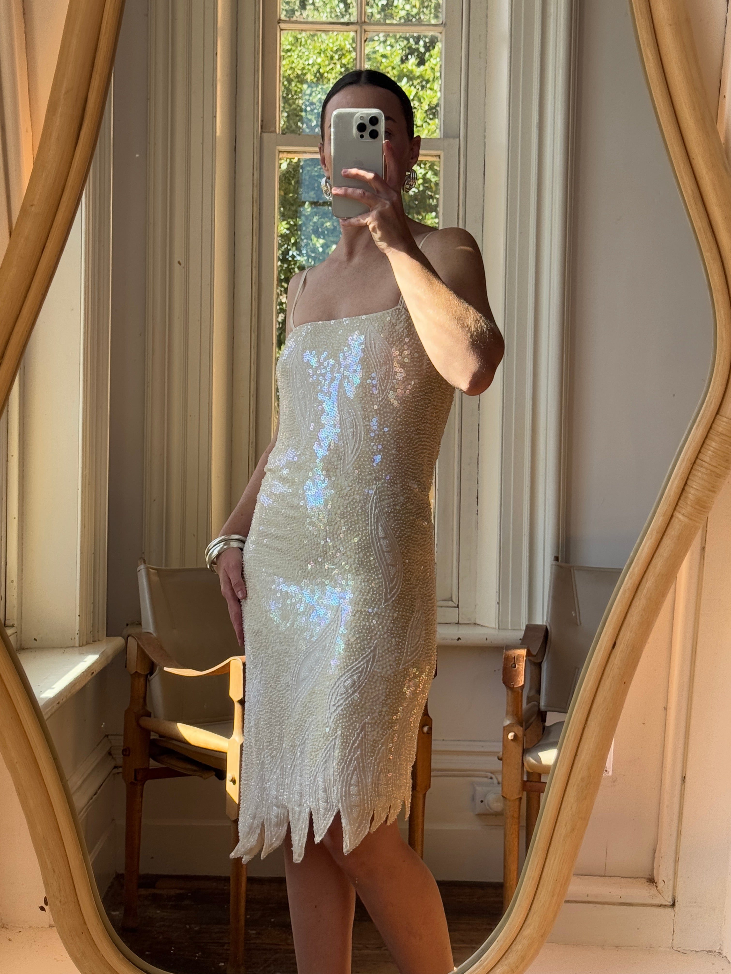 Vintage 90s Pure Silk Sequin Party Dress Creme
