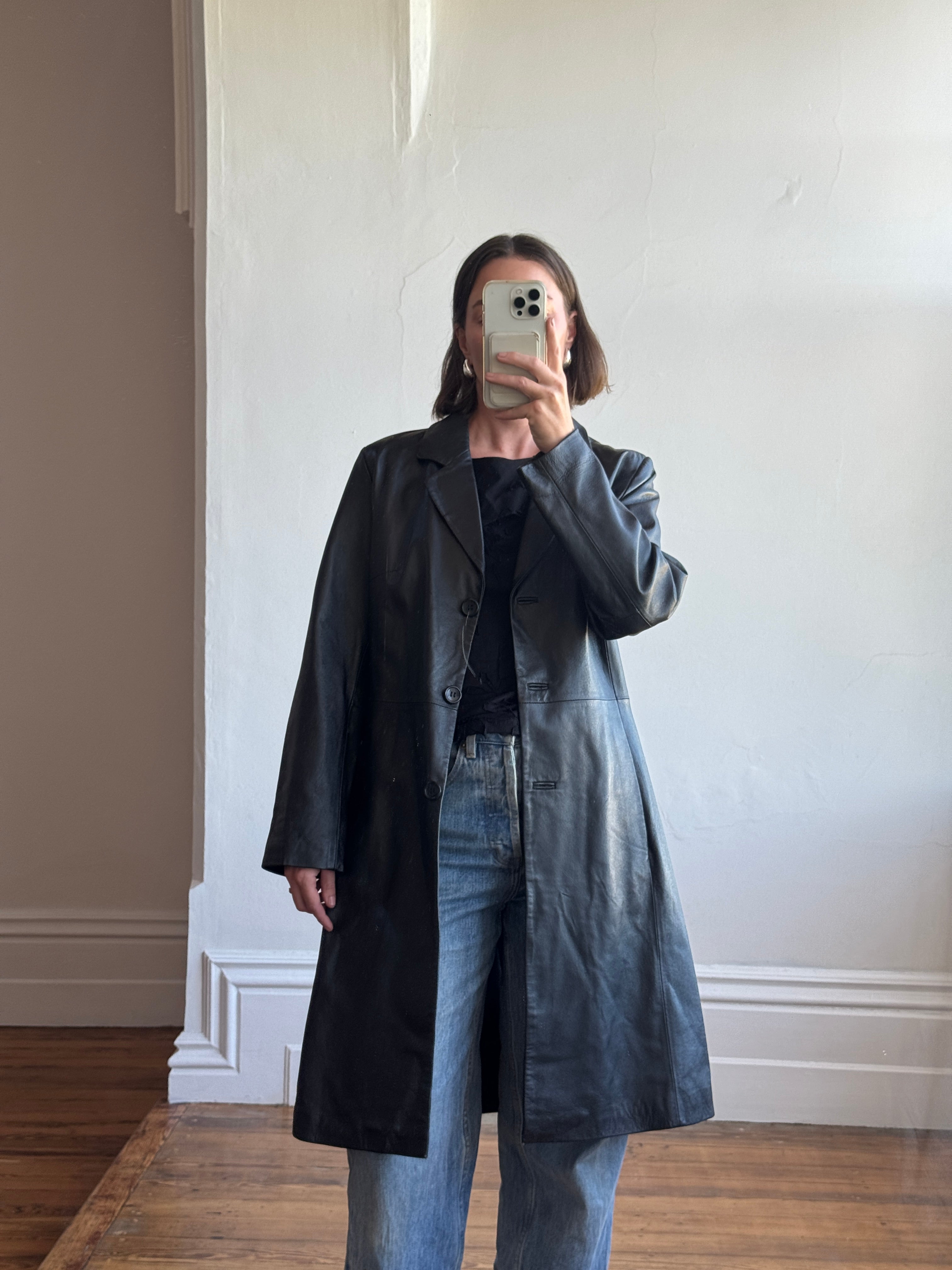 Vintage 90s Leather Mid Length Trench