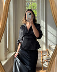 Vintage 90s Taffeta Button Up Structured Blouse Noir