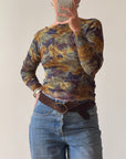 Vintage 90s Floral Mesh Top Navy Gold