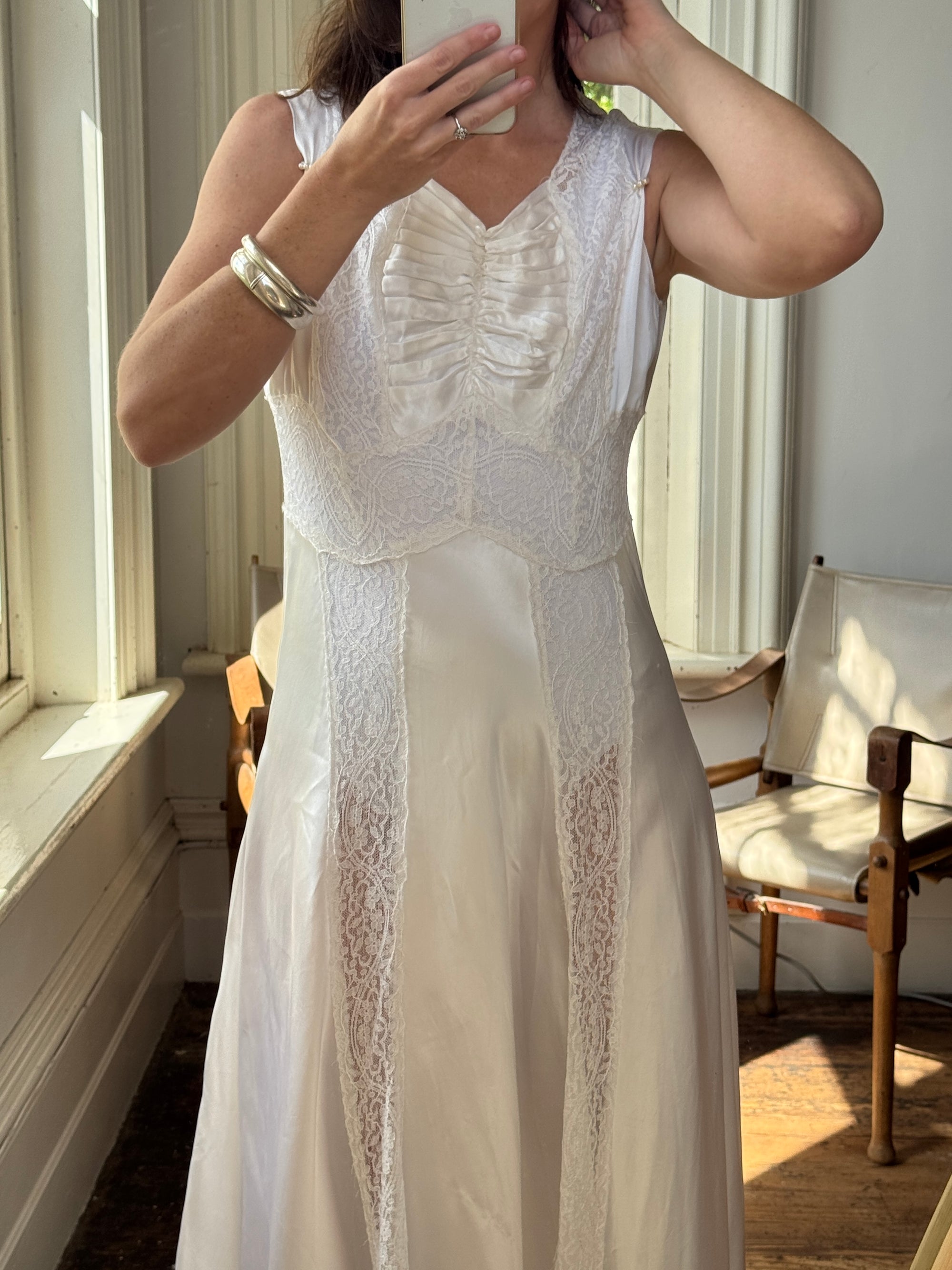 Vintage 40s Liquid Satin Sleeveless Lace Wedding Gown