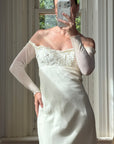 Vintage 90s Pure Silk Chiffon Empire Bow Off Shoulder Wedding Dress