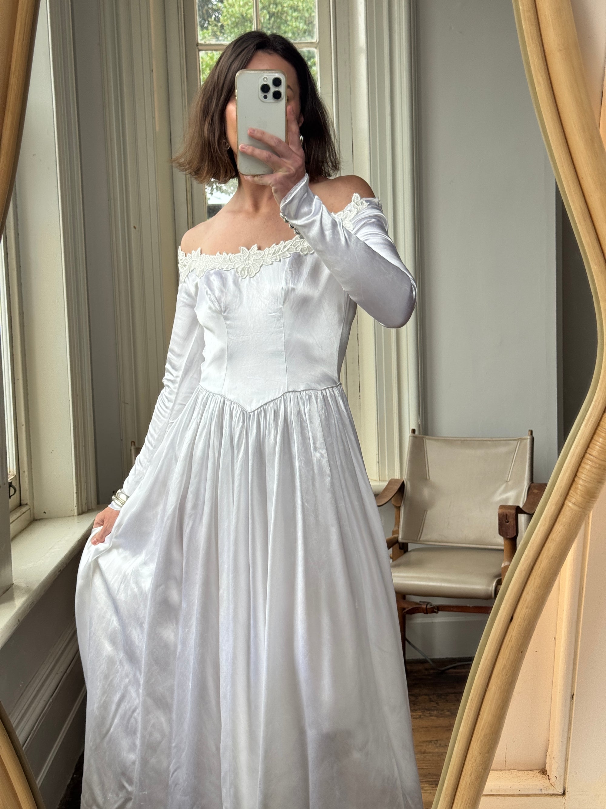 Vintage 50s Liquid Satin Scoop Applique Wedding Gown