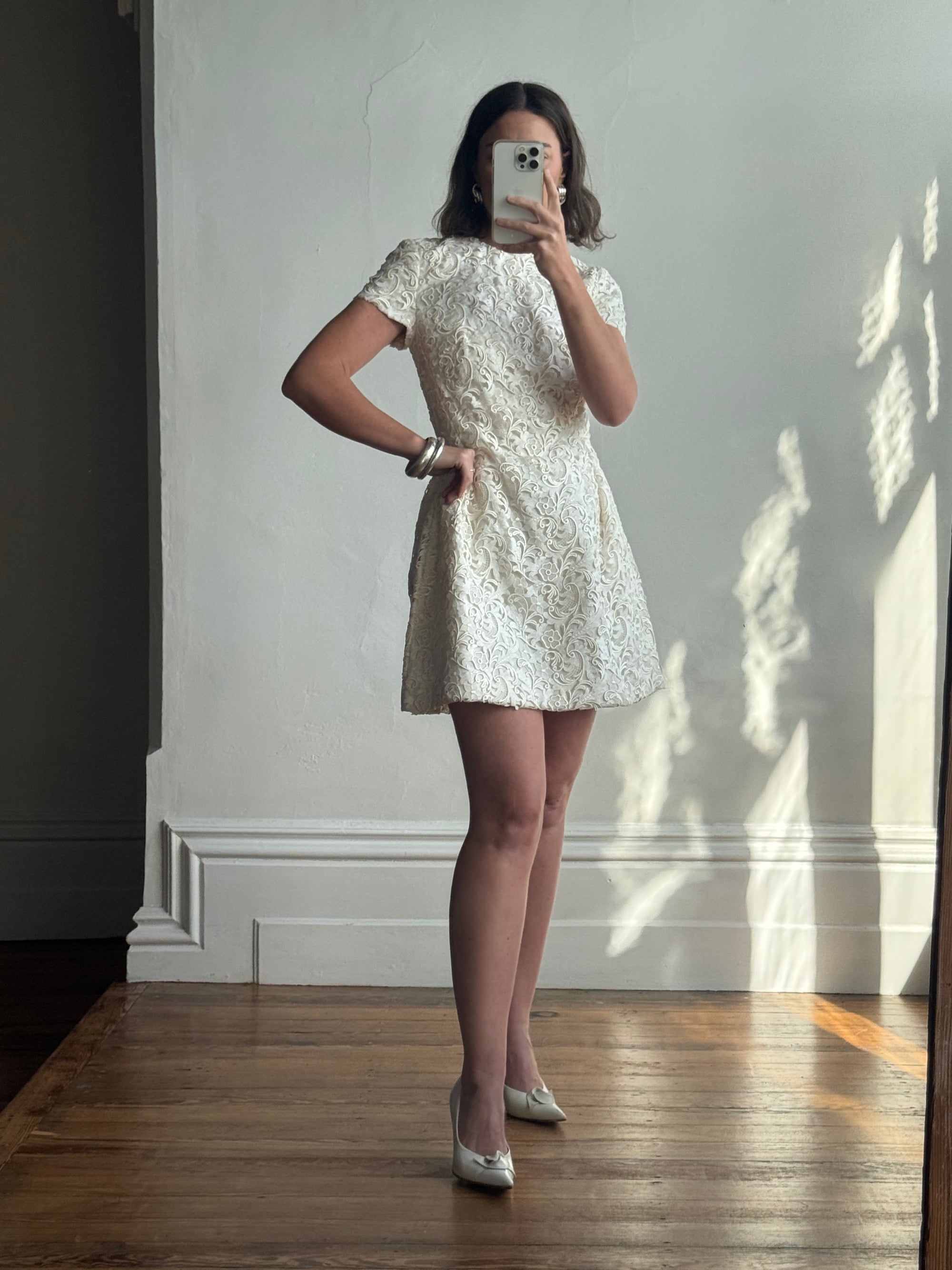 Vintage 90s Christian Dior Guipure Lace Structured Bridal Mini Creme