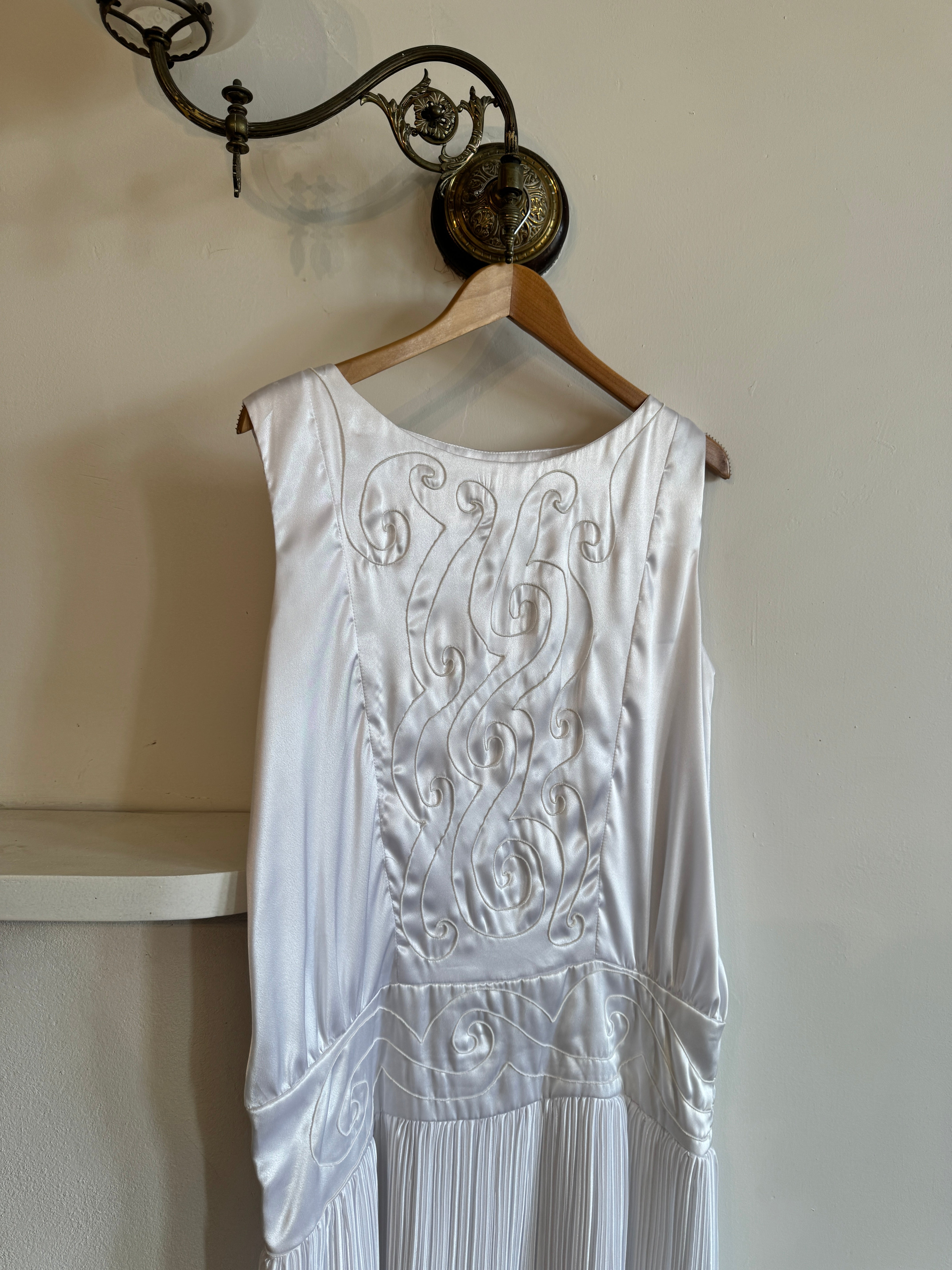 Vintage Embroidered White Satin Drop Waist Dress