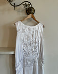 Vintage Embroidered White Satin Drop Waist Dress