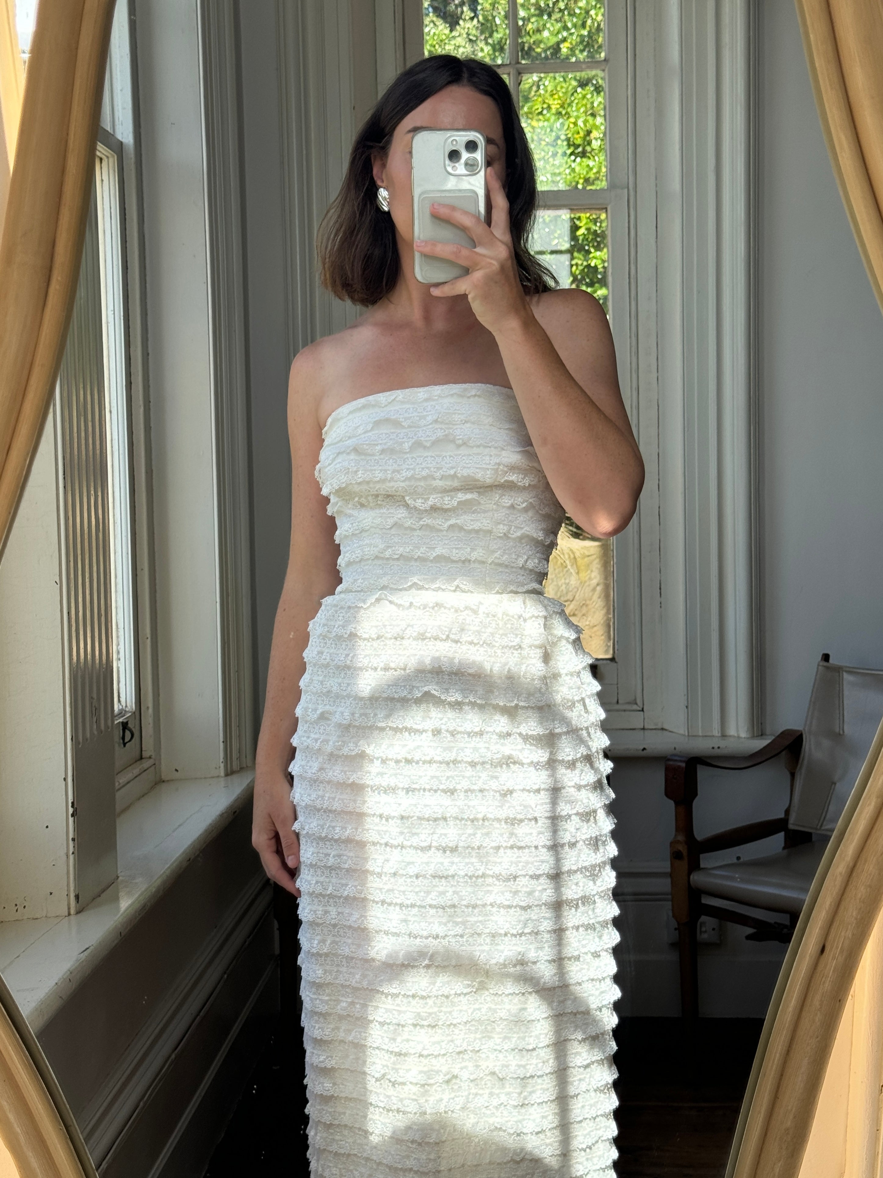 Vintage 60s Tiered Ruffle Lace Strapless Midi