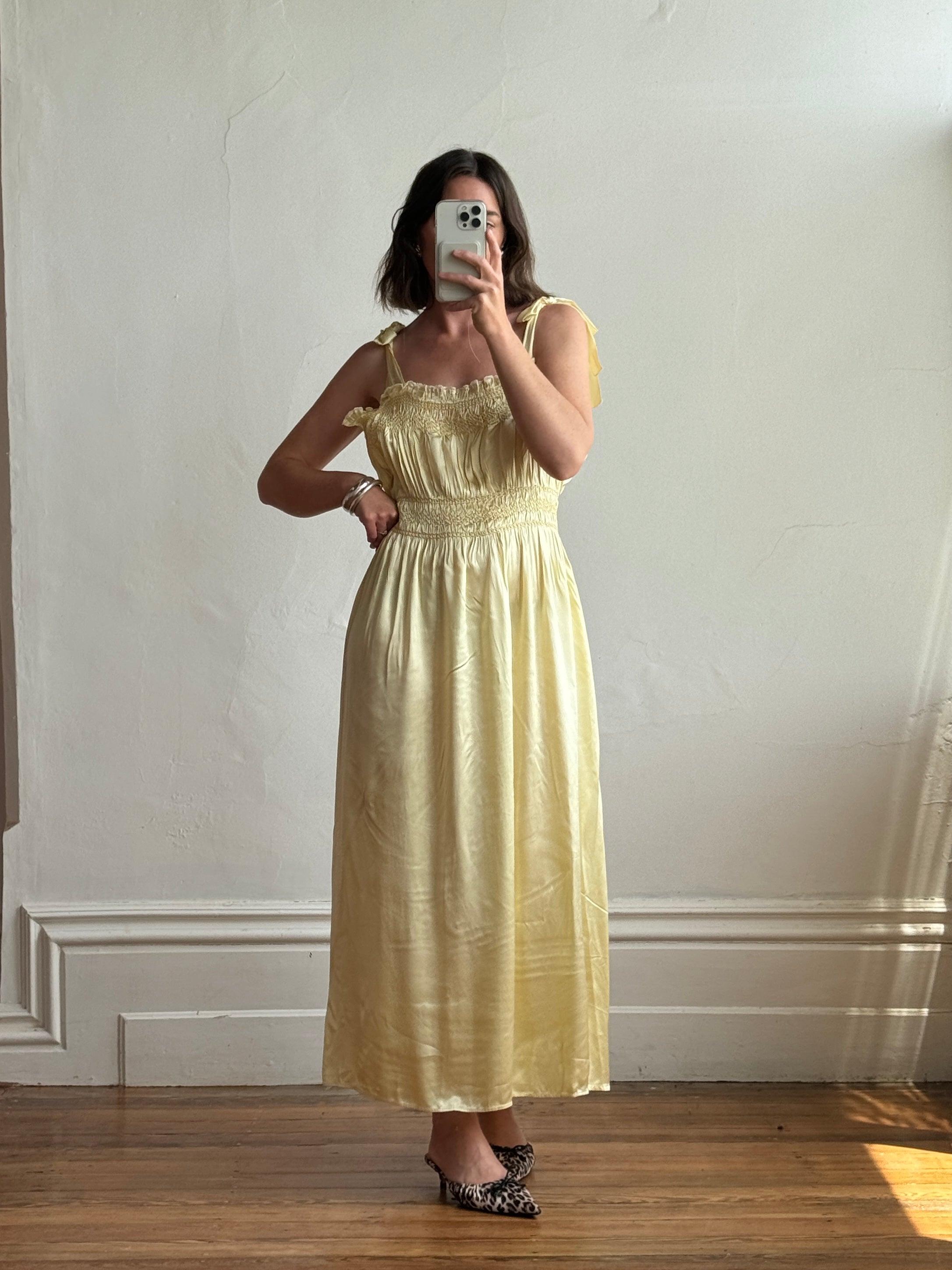 Vintage 40s Liquid Satin Shirred Dress With Ribbon Ties Yellow
