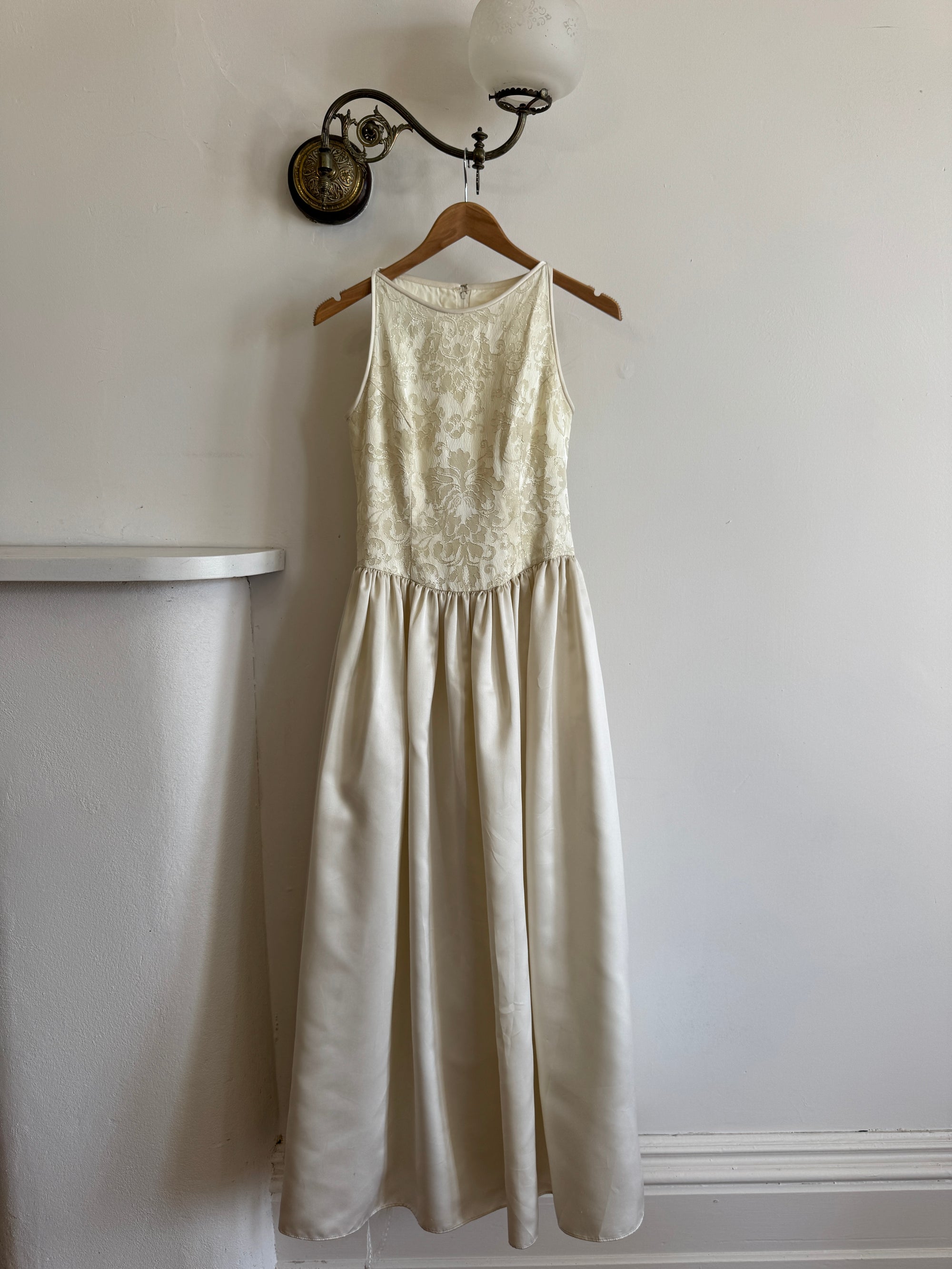 Vintage 90s Brocade High Front Satin Wedding Gown Champagne