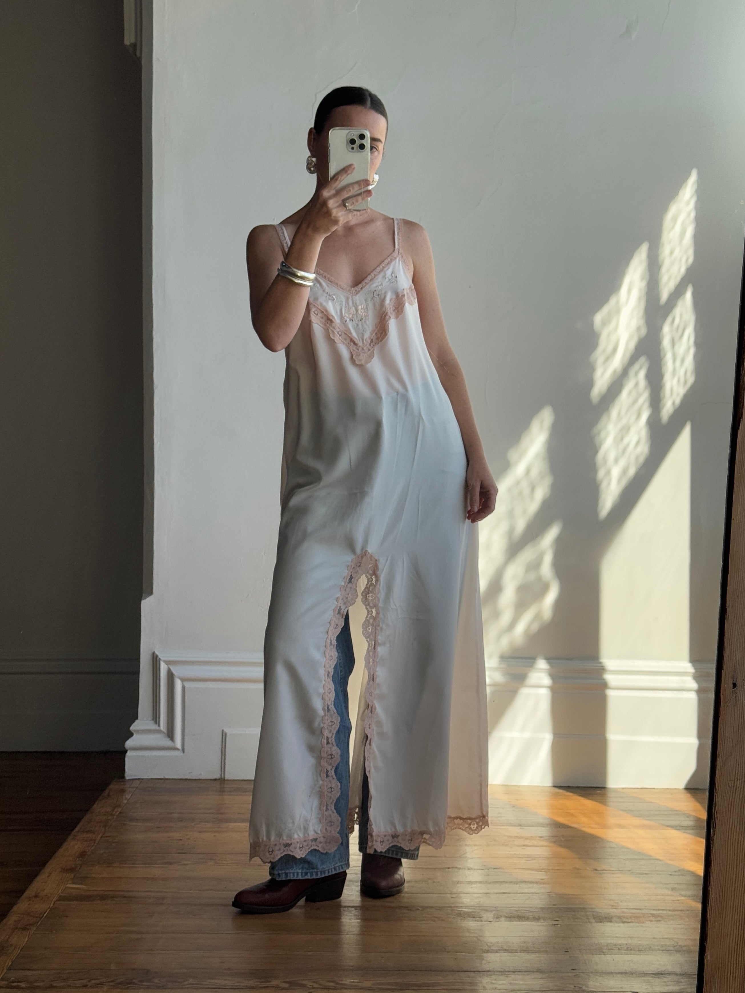 Vintage Embroidered Lace Midi Slip Dress Marshmallow