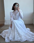 Vintage 80s Prarie Long Sleeved Wedding Dress with Floral Embroidery