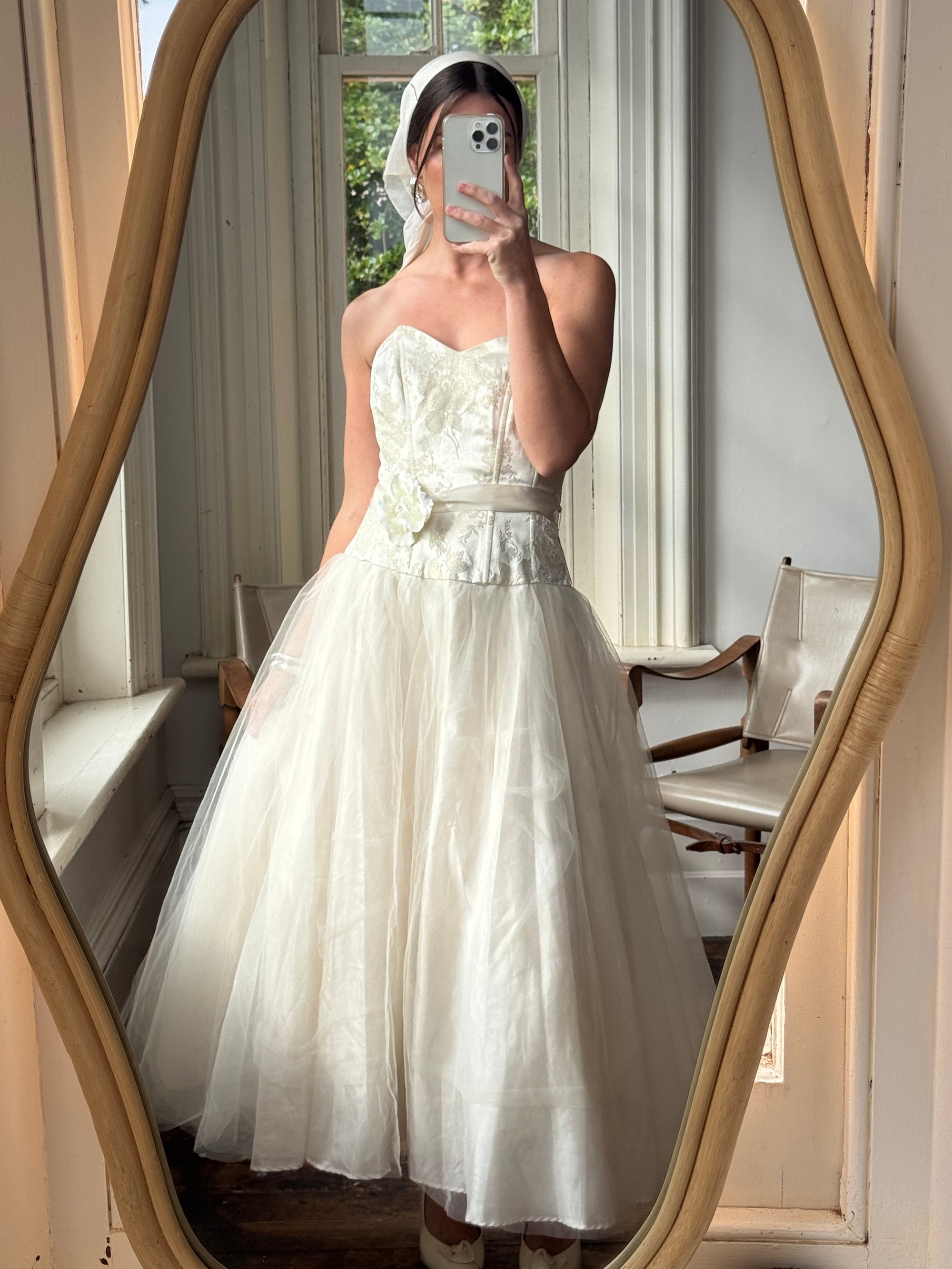 Vintage 50s Gold Brocade and Tulle Wedding Gown