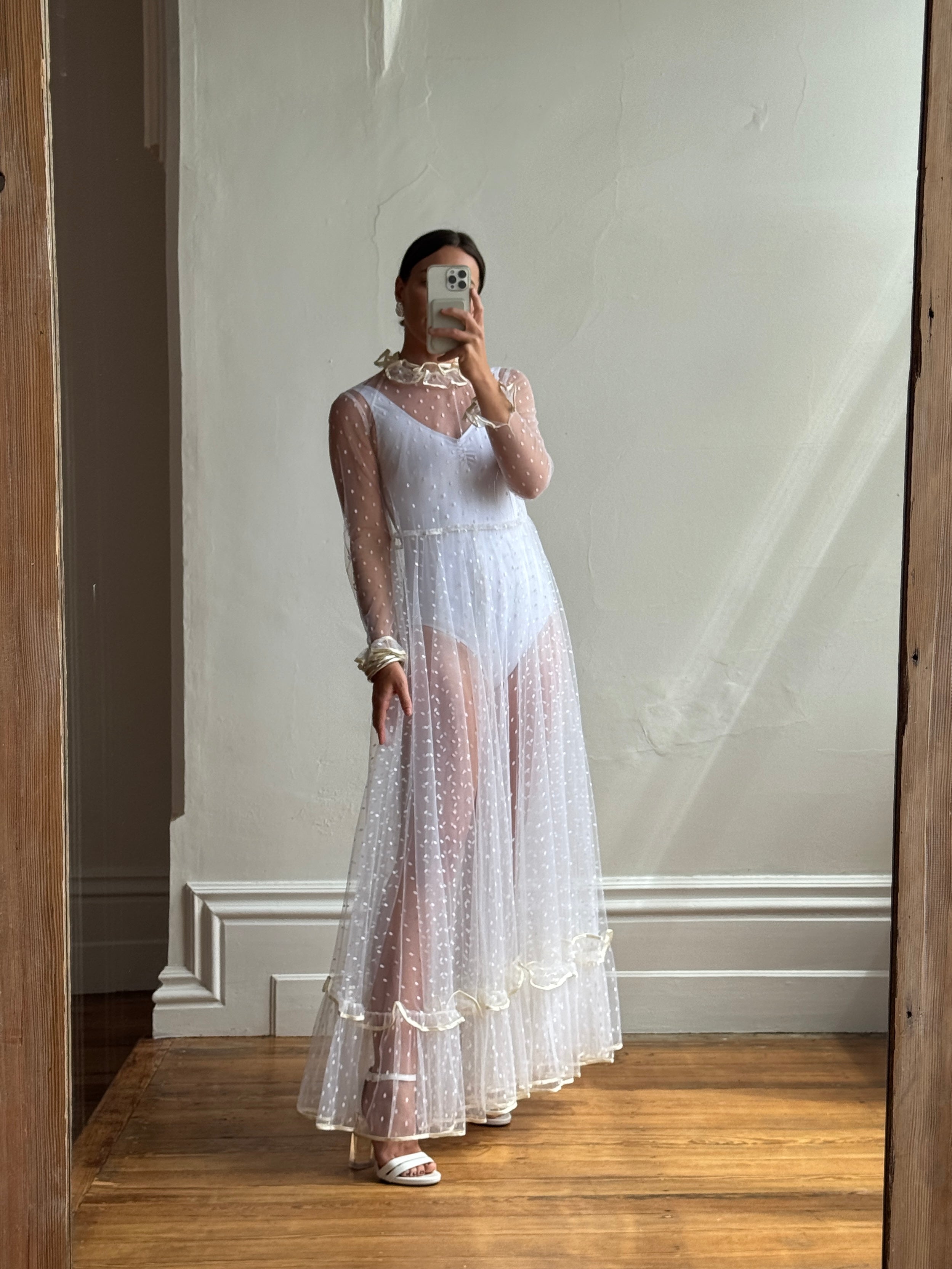 Vintage 70s Sheer Polka Dot Ruffle Bridal Gown
