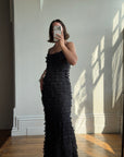 Vintage 90s Pure Silk Tiered Ruffle Dress Navy