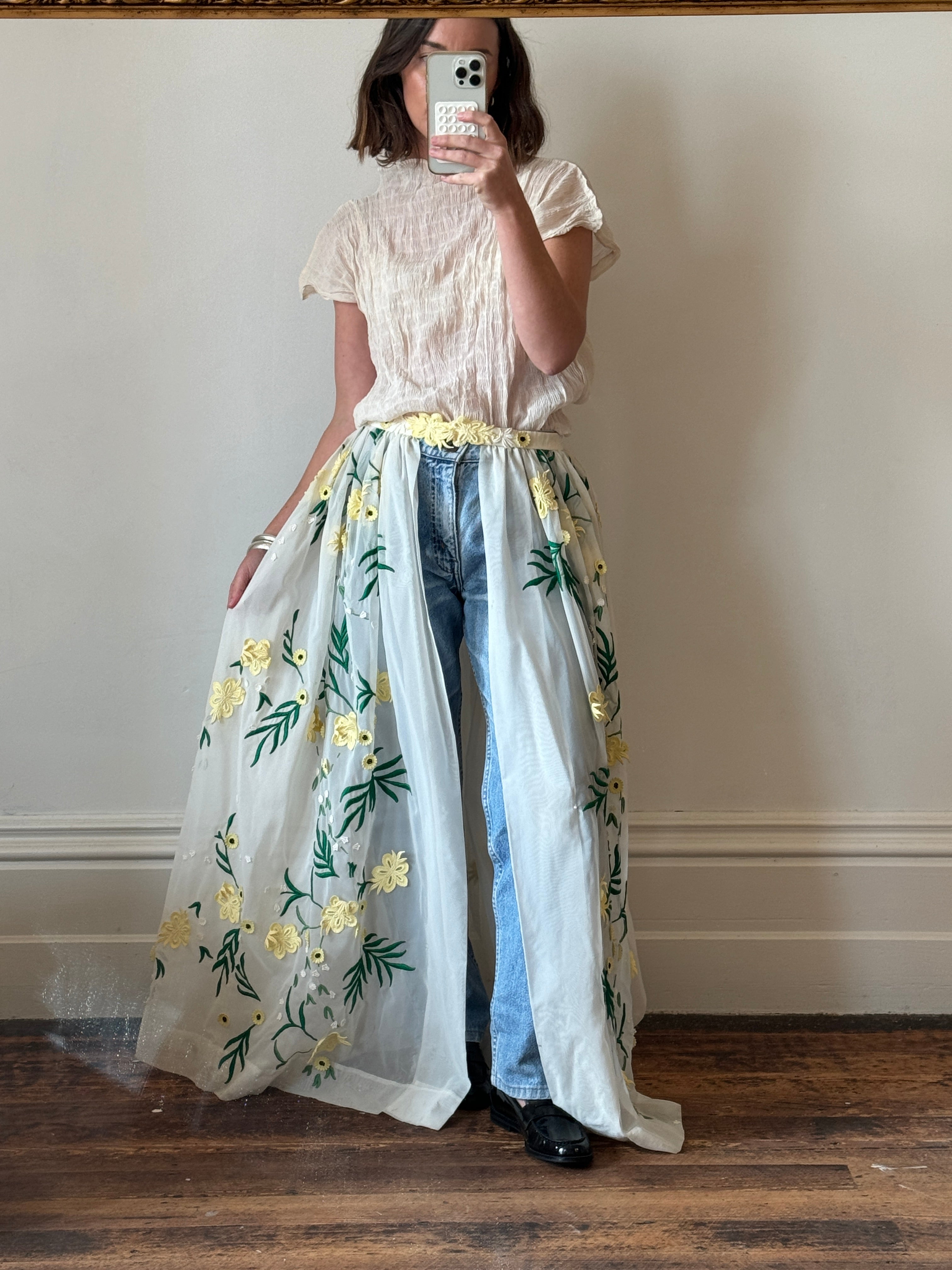Vintage Rare Sheer Spring Floral Applique Belt Skirt
