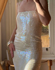 Vintage 90s Pure Silk Sequin Party Dress Creme