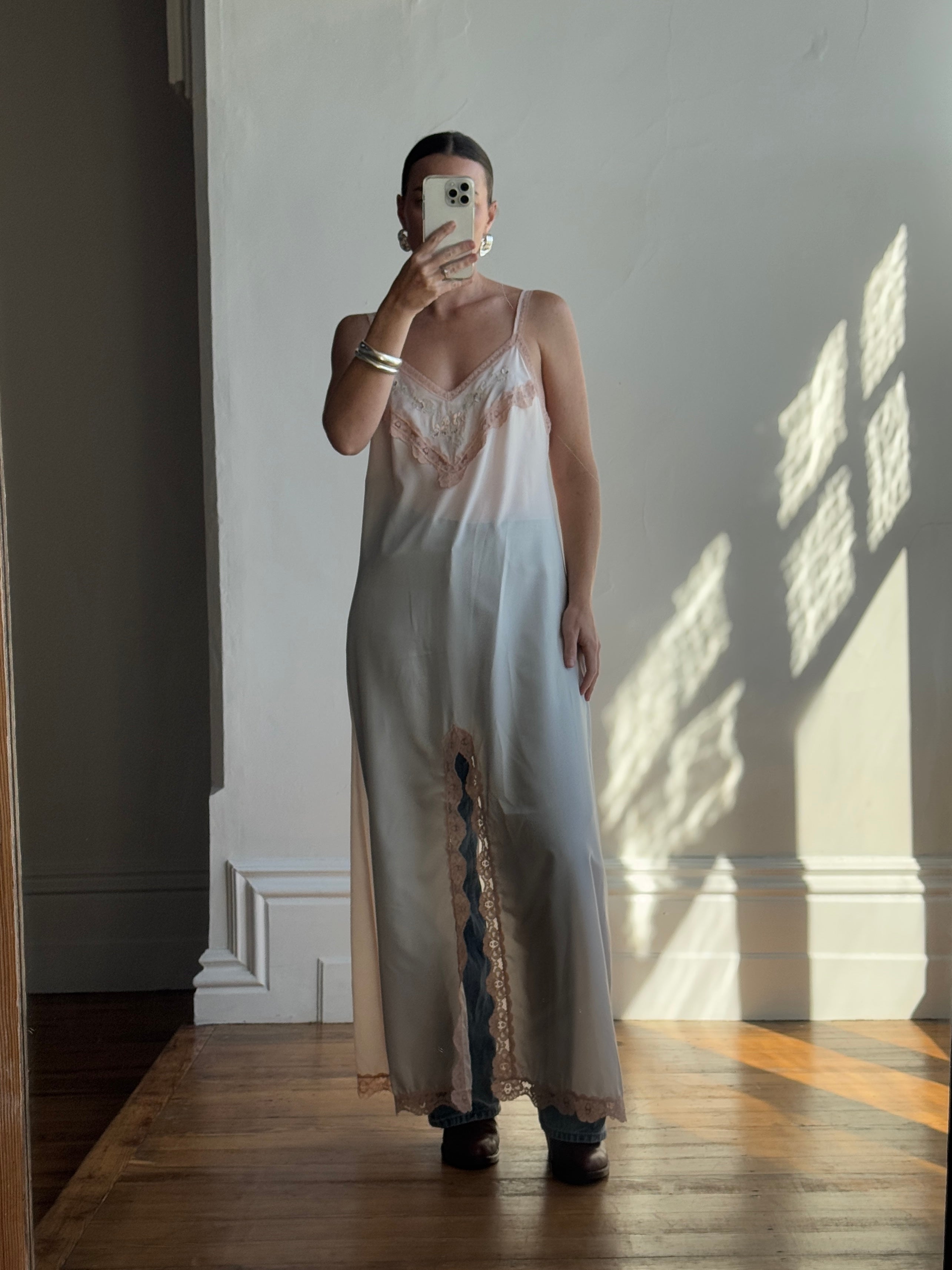 Vintage Embroidered Lace Midi Slip Dress Marshmallow
