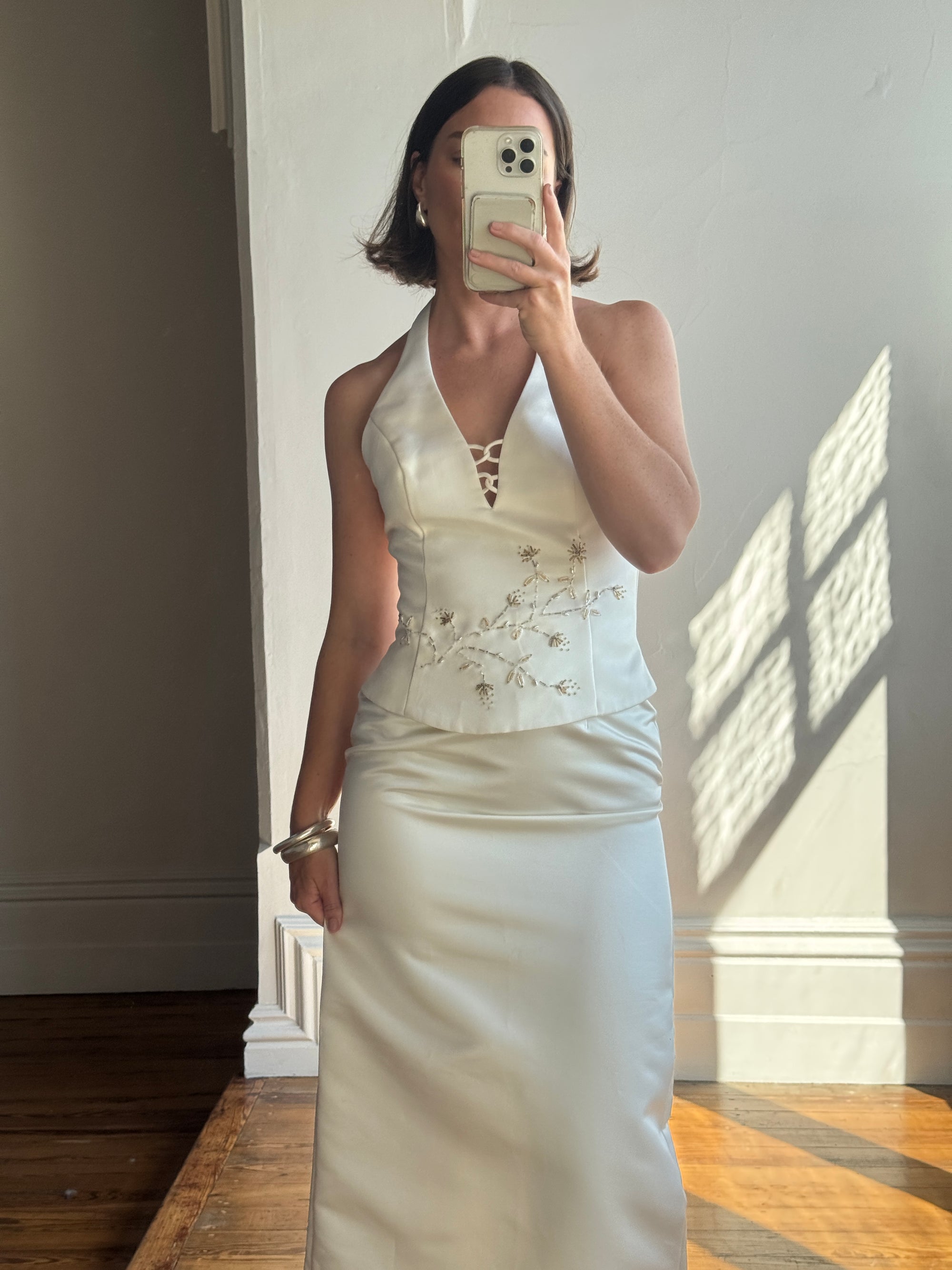 Vintage 90s Halter Two Piece Embellished Satin Wedding Set