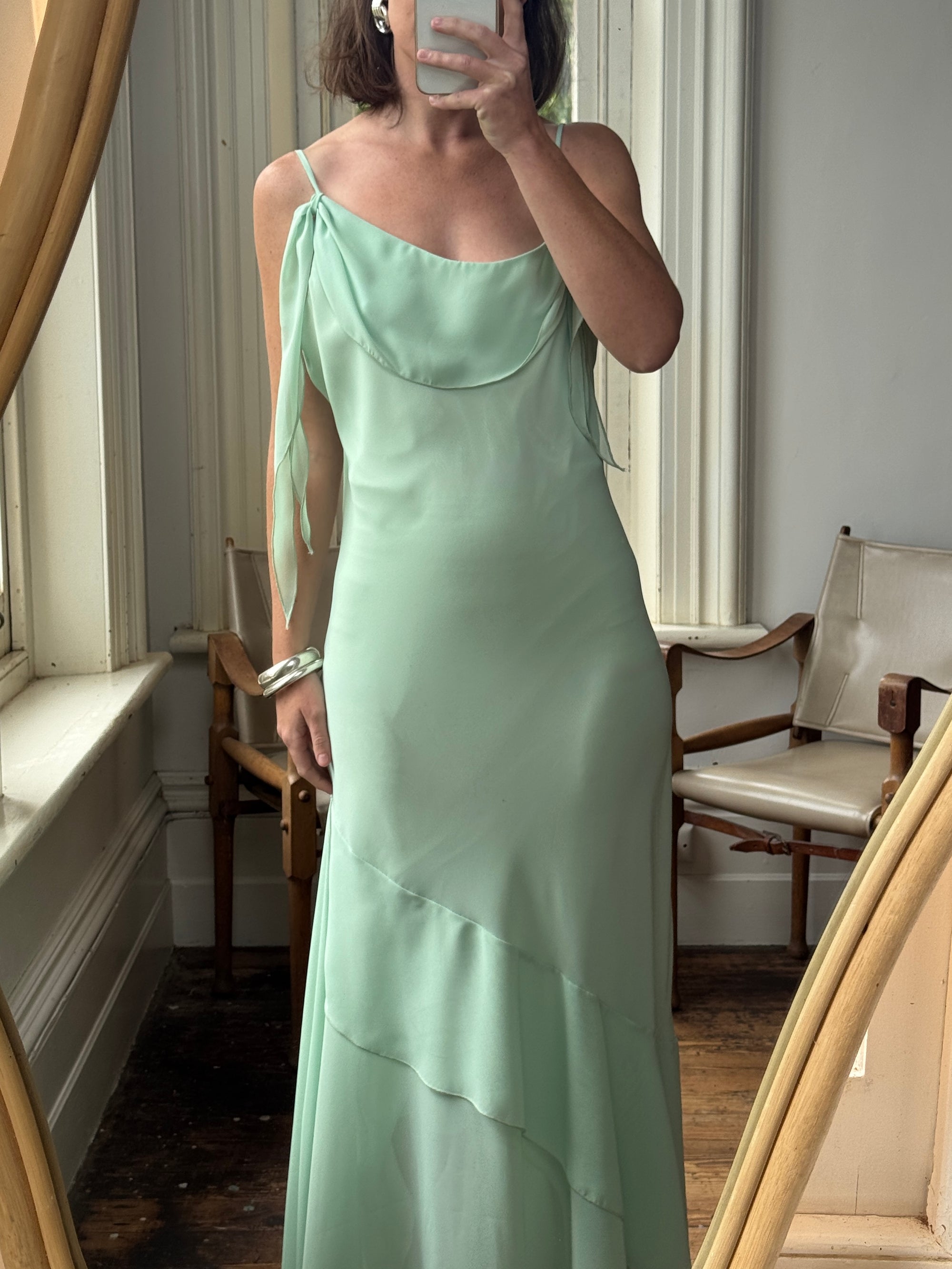 Vintage Y2K Asymmetric Chiffon Ruffle Dress Mint Green