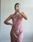 Vintage 90s Dusty Rose Floral Silk Halter Scarf Top and Skirt Set
