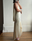 Vintage 90s Pure Silk Embellished Midi Dress With Scarf Creme
