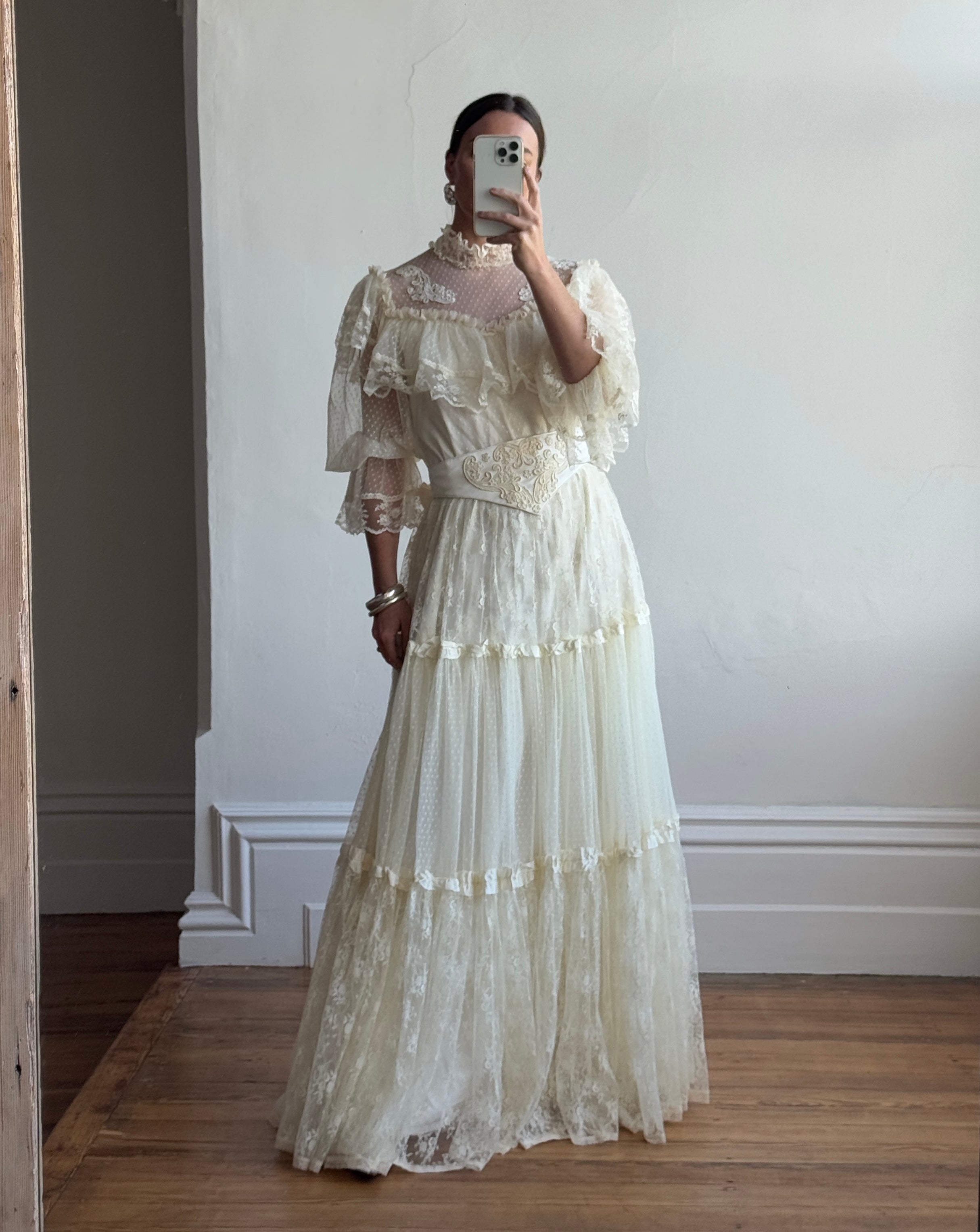 Vintage 70s Prairie Lace Wedding Gown with Beaded Basque Waist Belt