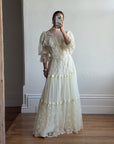 Vintage 70s Prairie Lace Wedding Gown with Beaded Basque Waist Belt