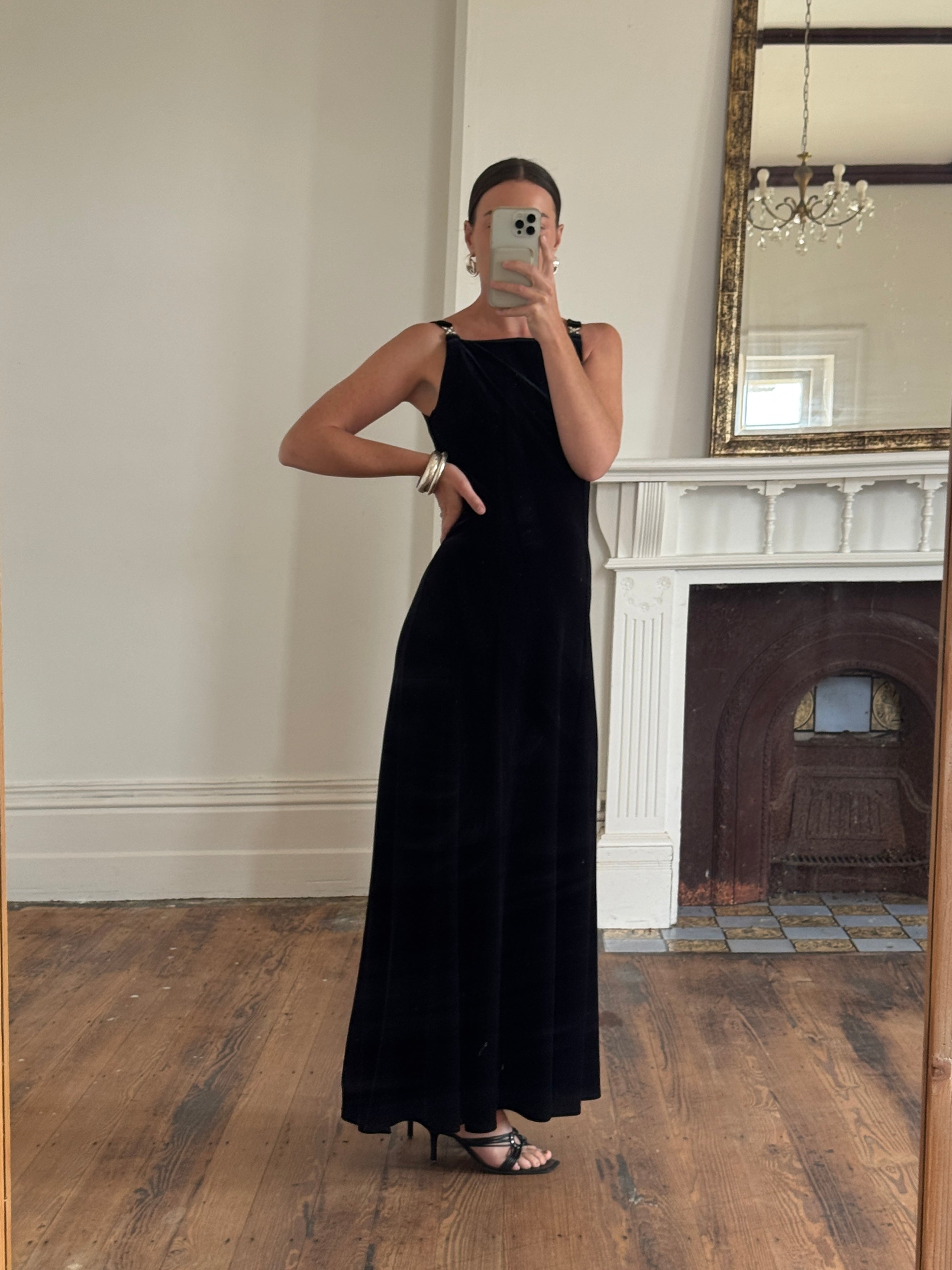 Vintage 90s Velvet High Front Evening Gown With Rhinestones