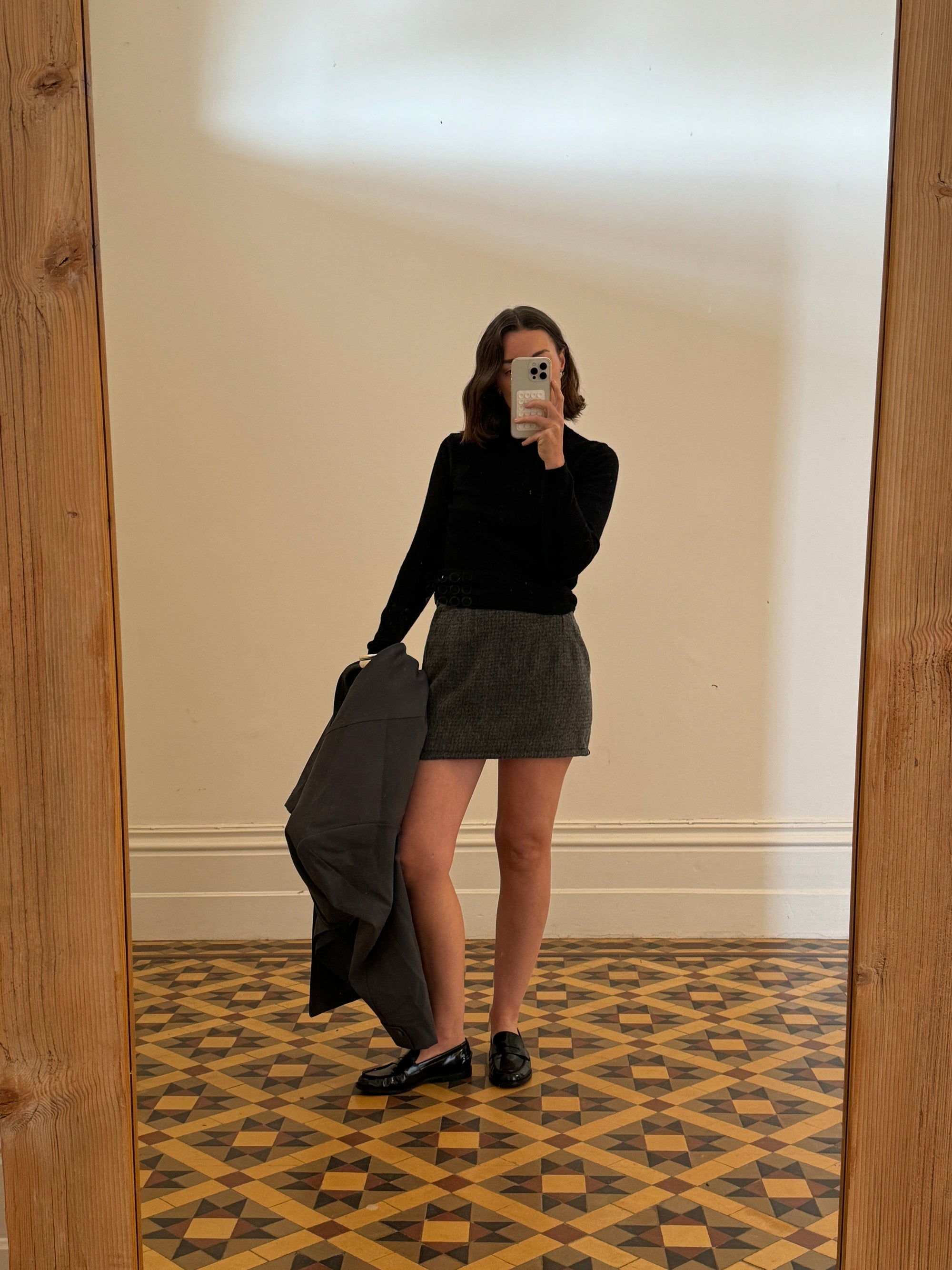 Vintage 90s Wool Grey Herringbone Micro Mini Skirt