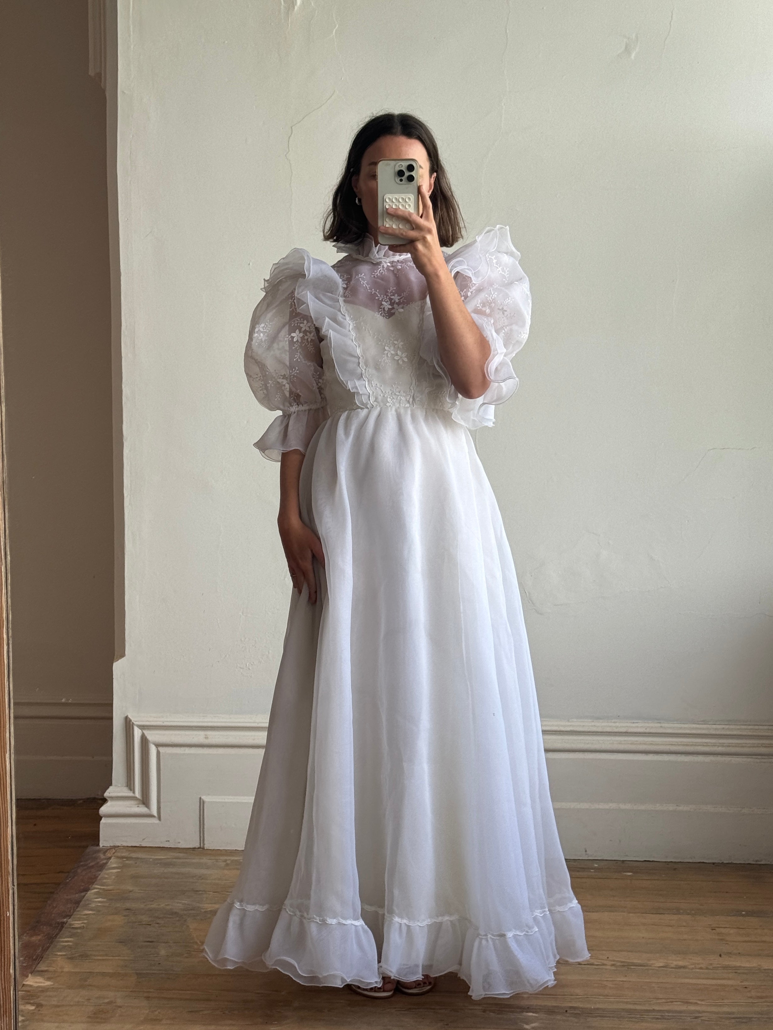 Vintage 80s Ruffled Sheer Organza Wedding Dress