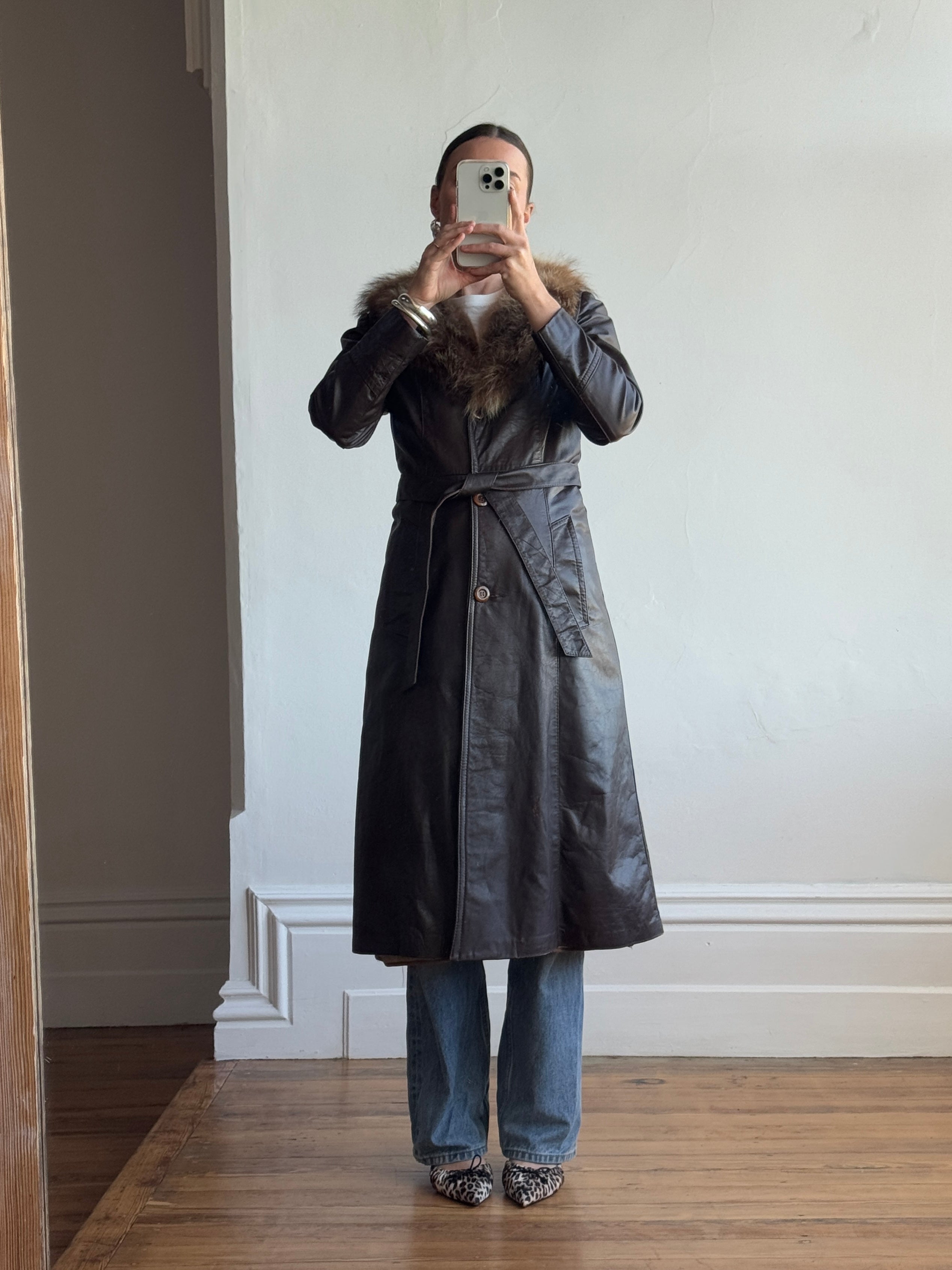 Vintage 70s Chocolate Leather Trench Coat with Fur Collar