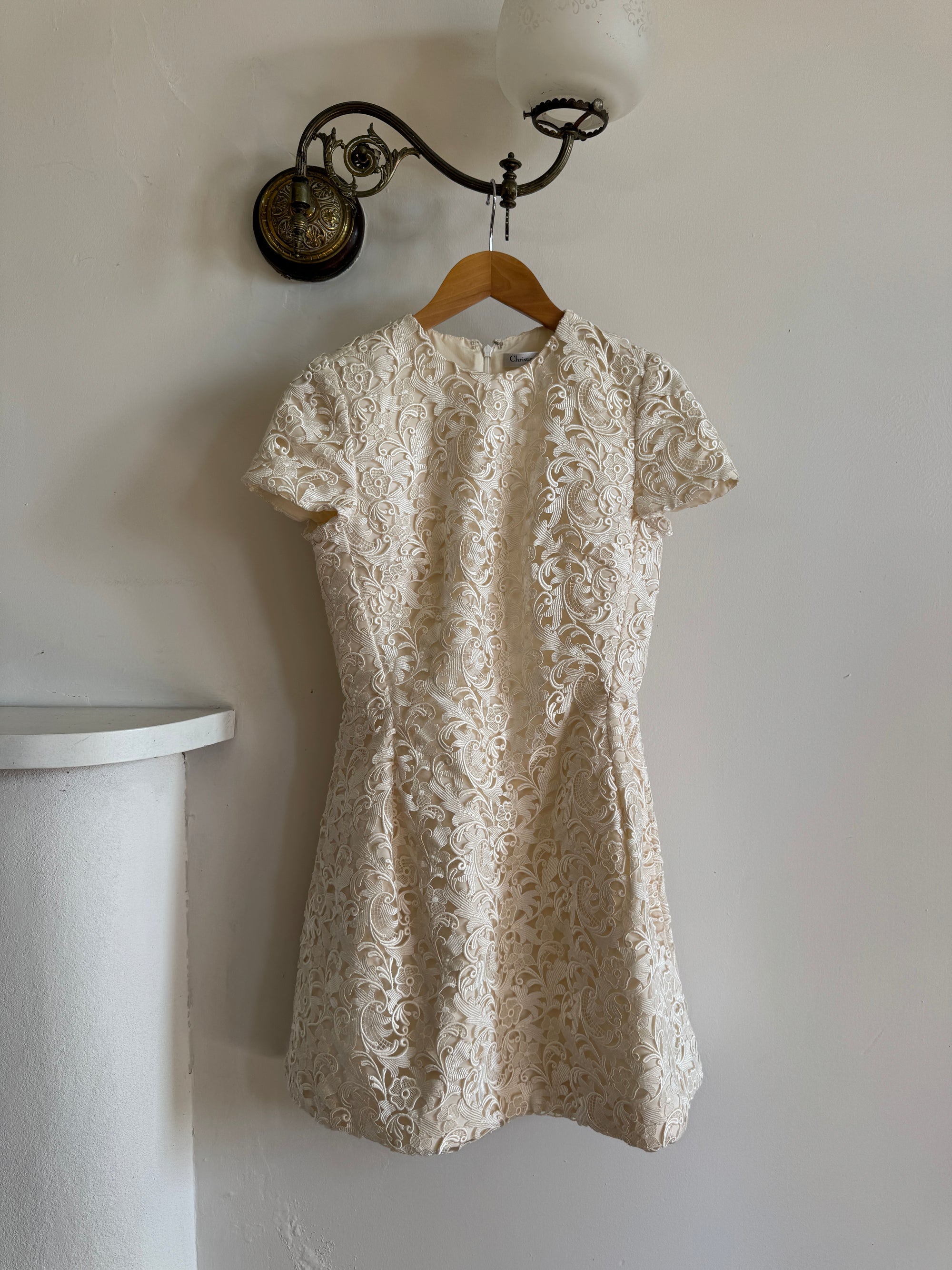 Vintage 90s Christian Dior Guipure Lace Structured Bridal Mini Creme