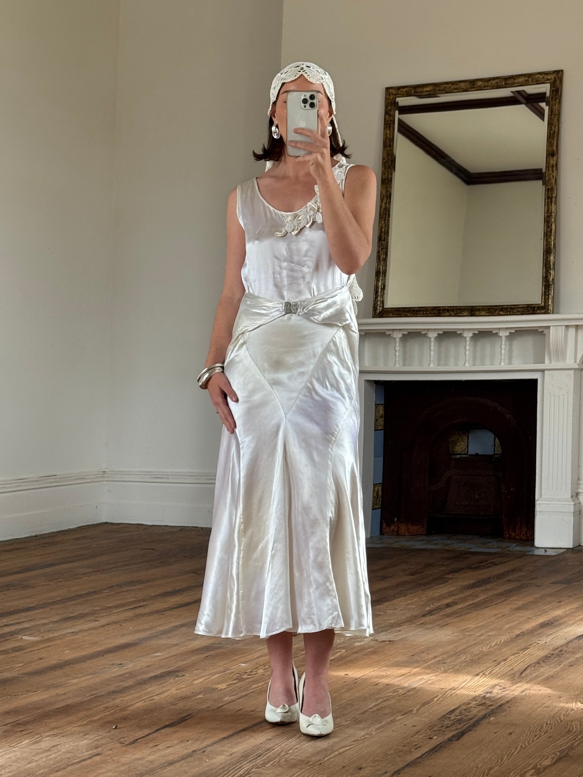 Vintage 30s Satin Bias Belted Bridal Midi