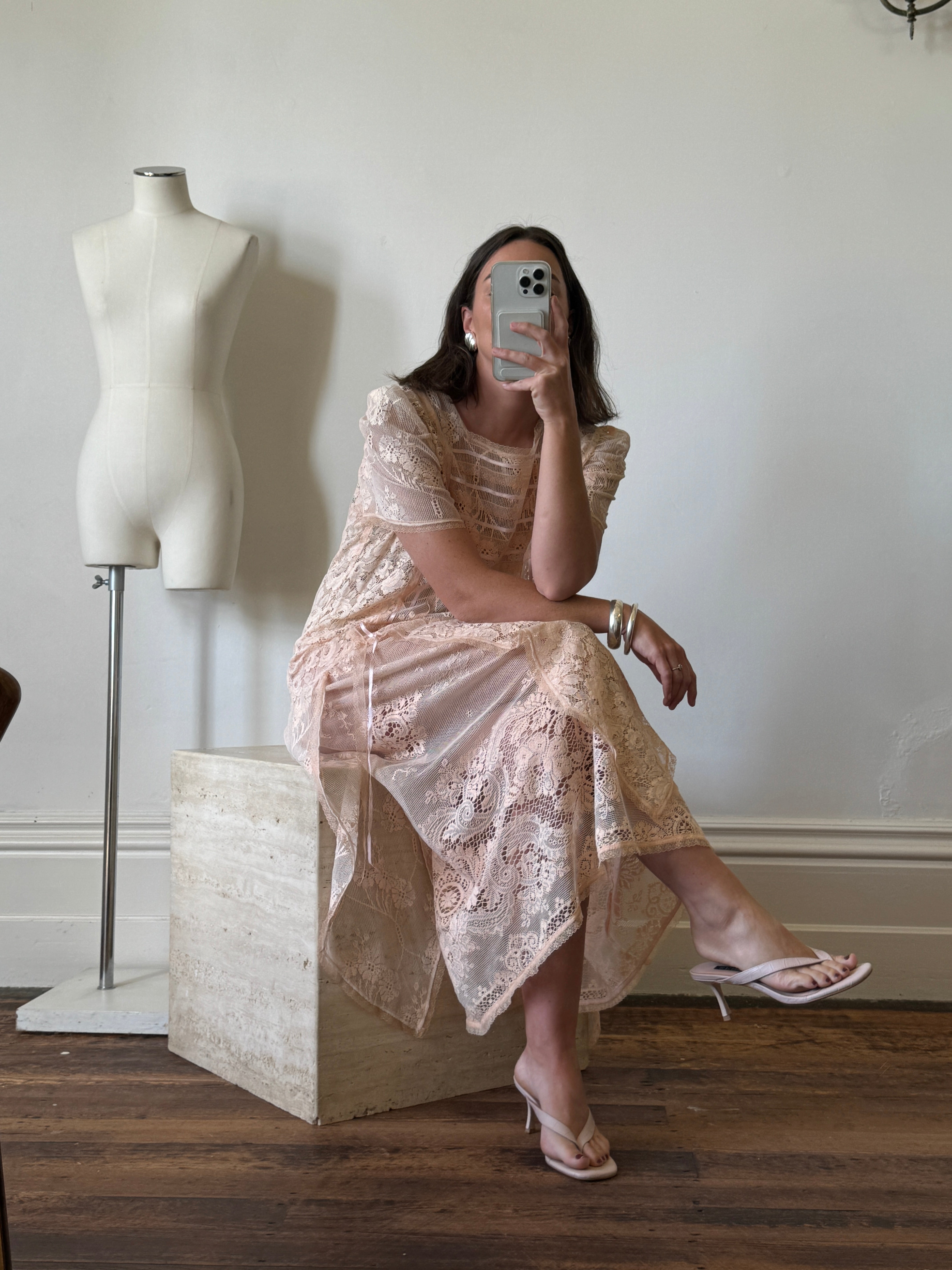 Vintage 70s Peach Cotton Lace Drop Waist Dress